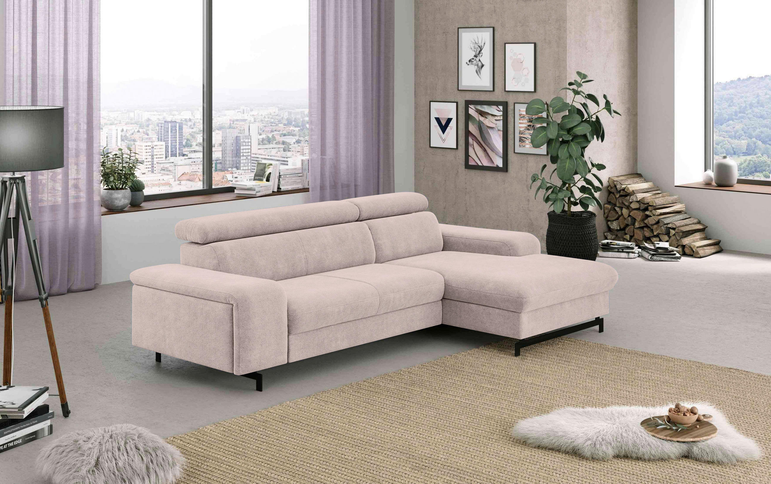 ECKSOFA in Chenille Creme  - Blau/Creme, Textil/Metall (267/165cm) - MID.YOU