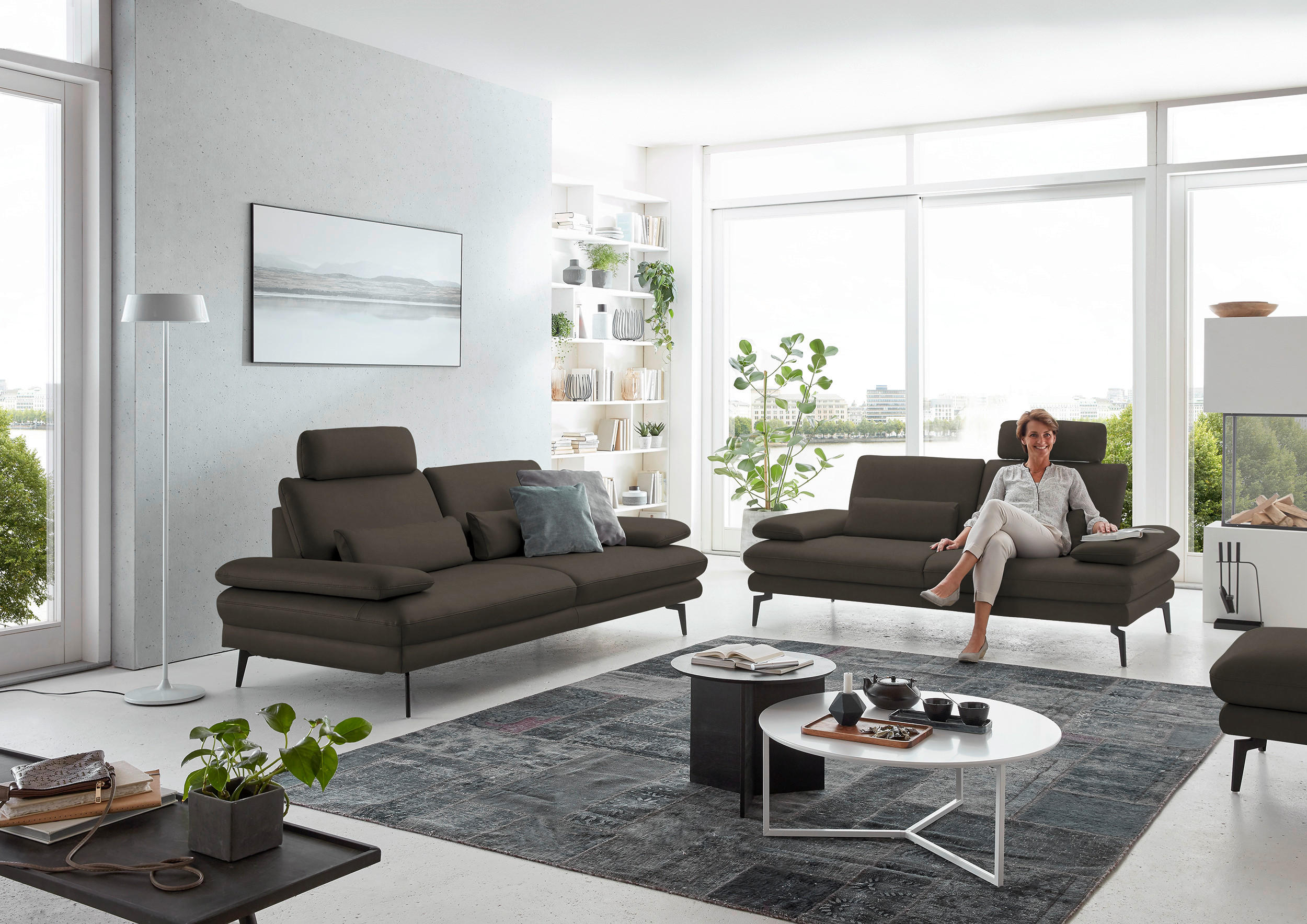 3-SITZER-SOFA in Echtleder Graubraun  - Graubraun/Schwarz, Design, Leder/Metall (222/86/104cm) - Dieter Knoll