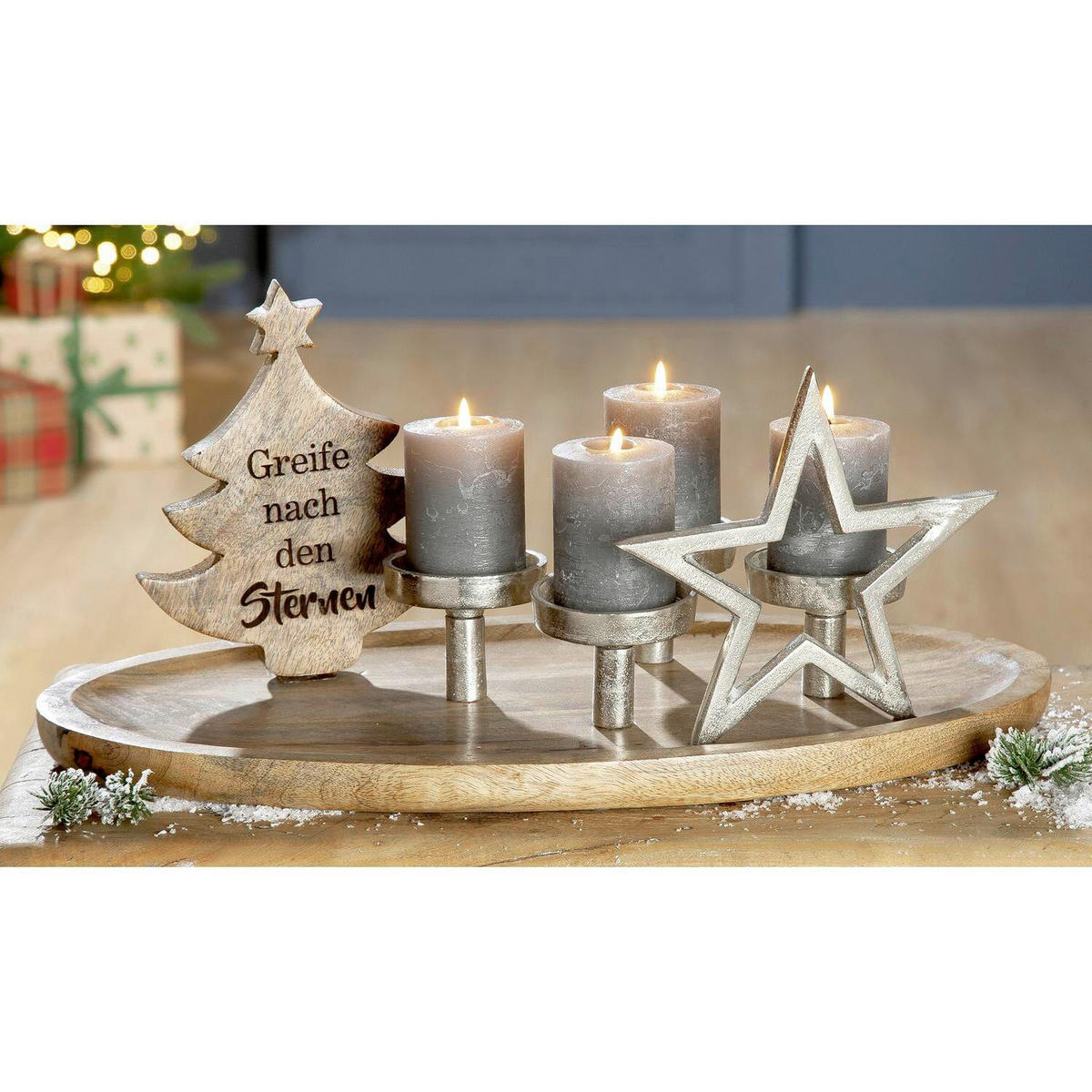 ADVENTSKRANZ  - Hellbraun/Silberfarben, Basics, Holz/Metall (50/26/22cm)