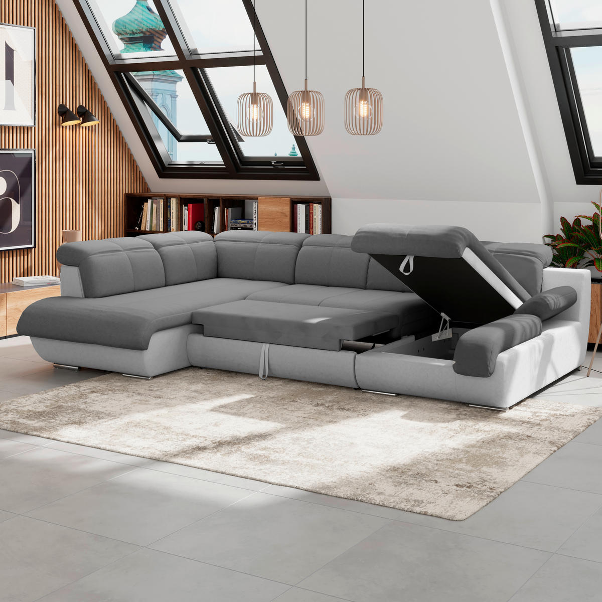 WOHNLANDSCHAFT in Mikrofaser Hellgrau, Dunkelgrau  - Chromfarben/Dunkelgrau, Modern, Textil/Metall (228/345/184cm) - MID.YOU
