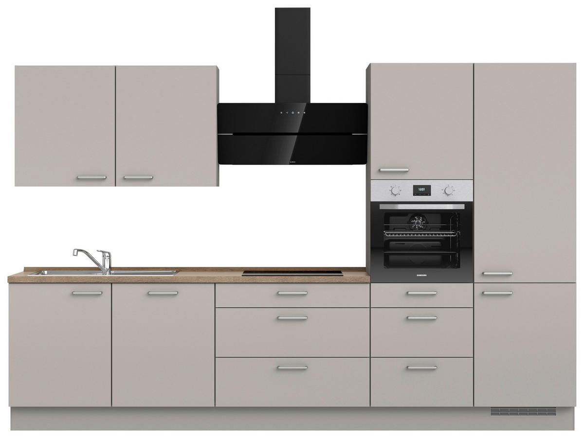 KÜCHENBLOCK 330 cm   in Grau, Eiche dunkel  - Eiche dunkel/Edelstahlfarben, MODERN, Holzwerkstoff/Metall (330cm) - Nobilia