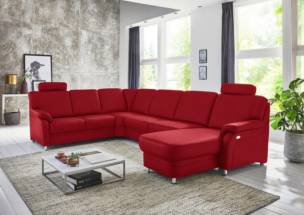 WOHNLANDSCHAFT Echtleder Rot  - Rot/Alufarben, Konventionell, Leder/Metall (239/329/165cm) - Beldomo Premium