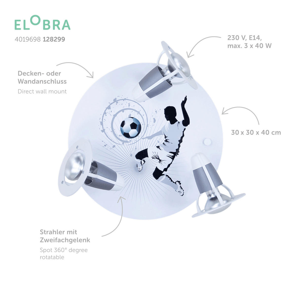 KINDERDECKENLEUCHTE Soccer 30/30/20 cm  - Silberfarben, Basics, Holz/Kunststoff (30/30/20cm)