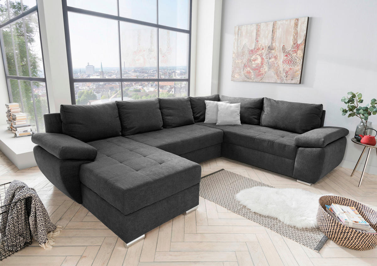 WOHNLANDSCHAFT Anthrazit Mikrofaser  - Chromfarben/Anthrazit, KONVENTIONELL, Textil/Metall (157/305/219cm) - Livetastic