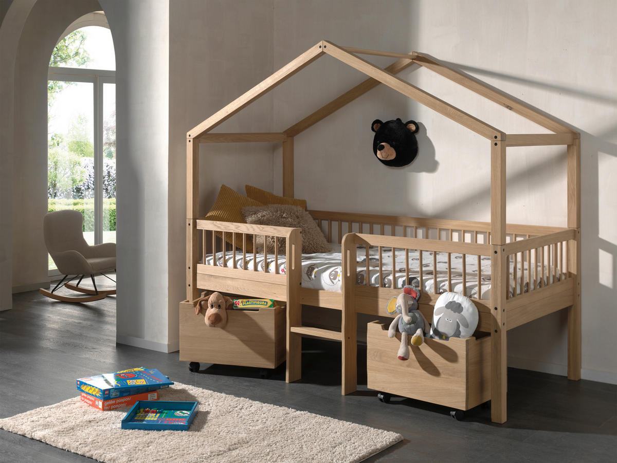 HAUSBETT Absturzsicherung, Leiter, Rollrost, Bettschublade 90/200 cm  in Eichefarben  - Eichefarben/Eschefarben, MODERN, Holz (90/200cm) - MID.YOU