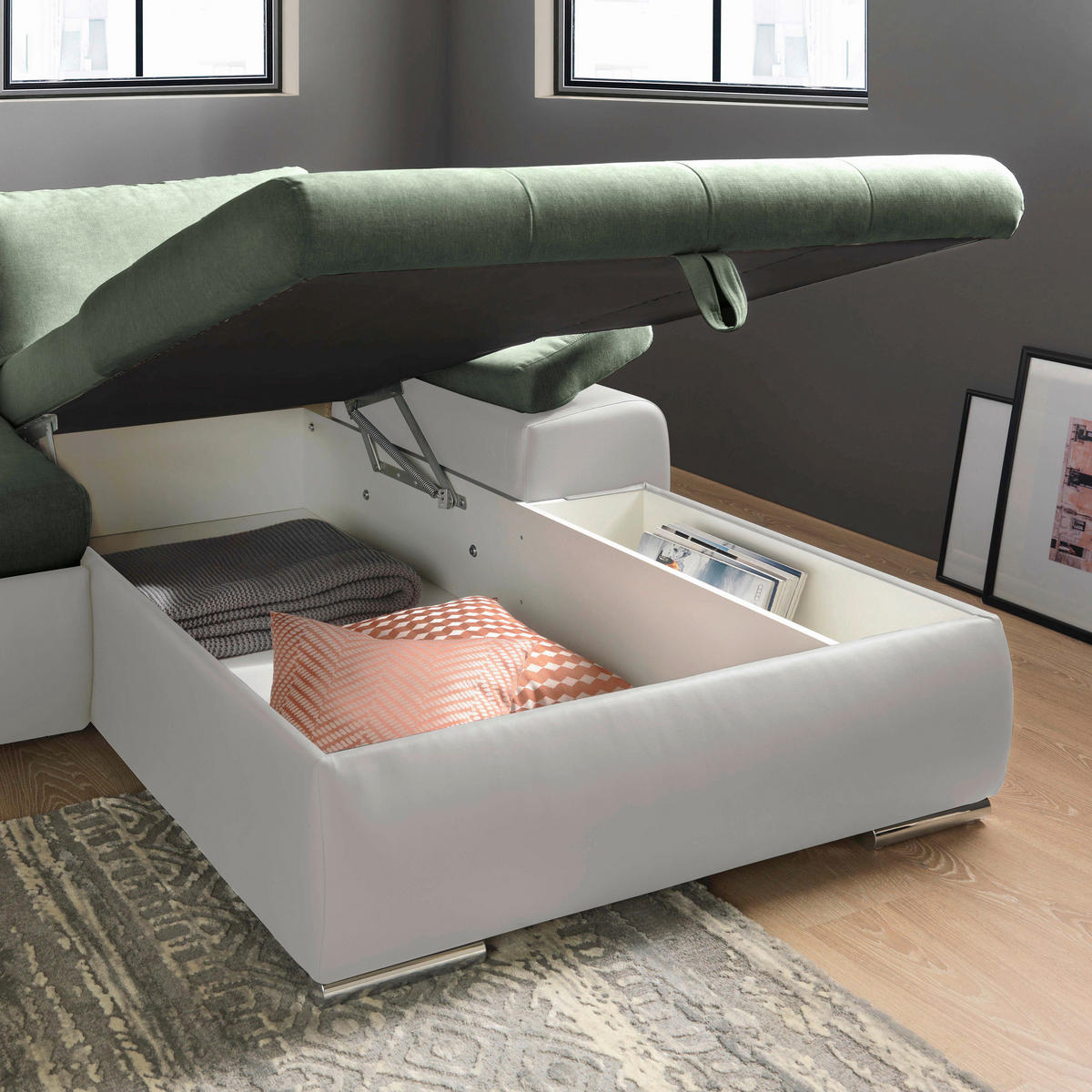 ECKSOFA in Flachgewebe Weiss, Olivgrün  - Weiss/Olivgrün, Design, Kunststoff/Textil (271/175cm) - MID.YOU