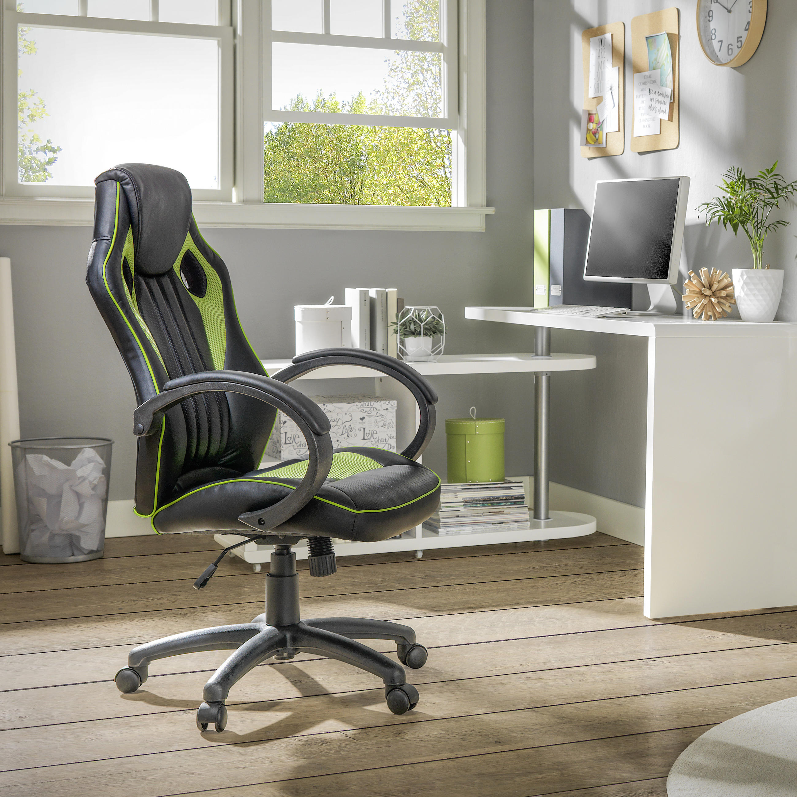 SCAUN DE GAMING  in imitație piele, plasă tensionată verde, negru  - verde/negru, Design, plastic/metal (61,5/111-121/66cm) - Carryhome