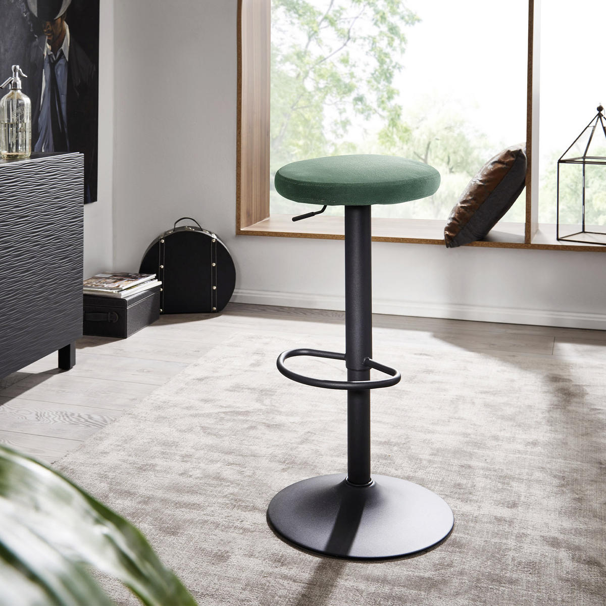 BARHOCKER Samt Grün Sitzfläche 360° drehbar  - Schwarz/Grün, MODERN, Textil/Metall (40/79/40cm) - MID.YOU