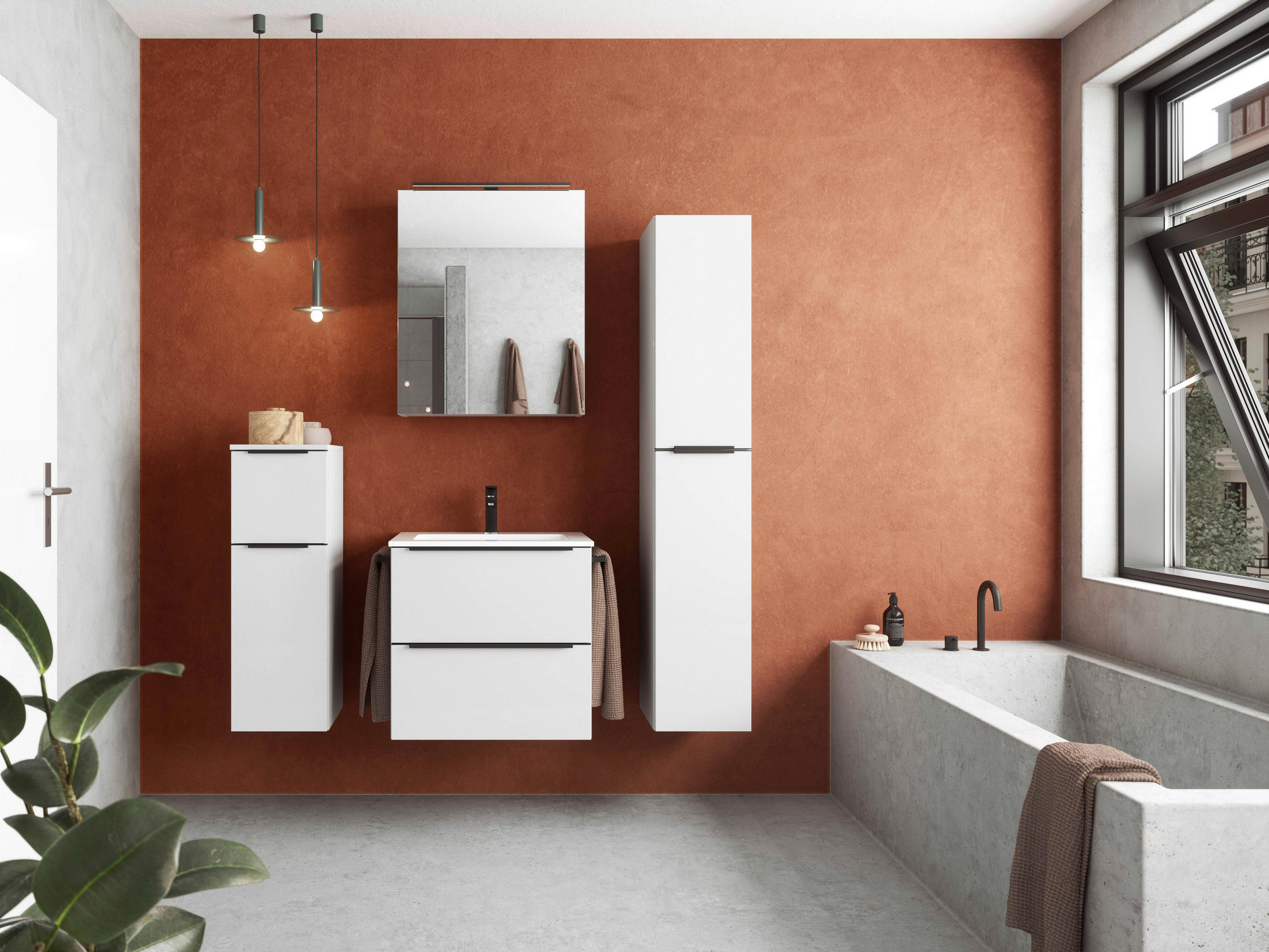 BADEZIMMER  in 61 cm  - Weiß Hochglanz/Schwarz, MODERN, Holzwerkstoff/Stein (61cm) - Nobilia