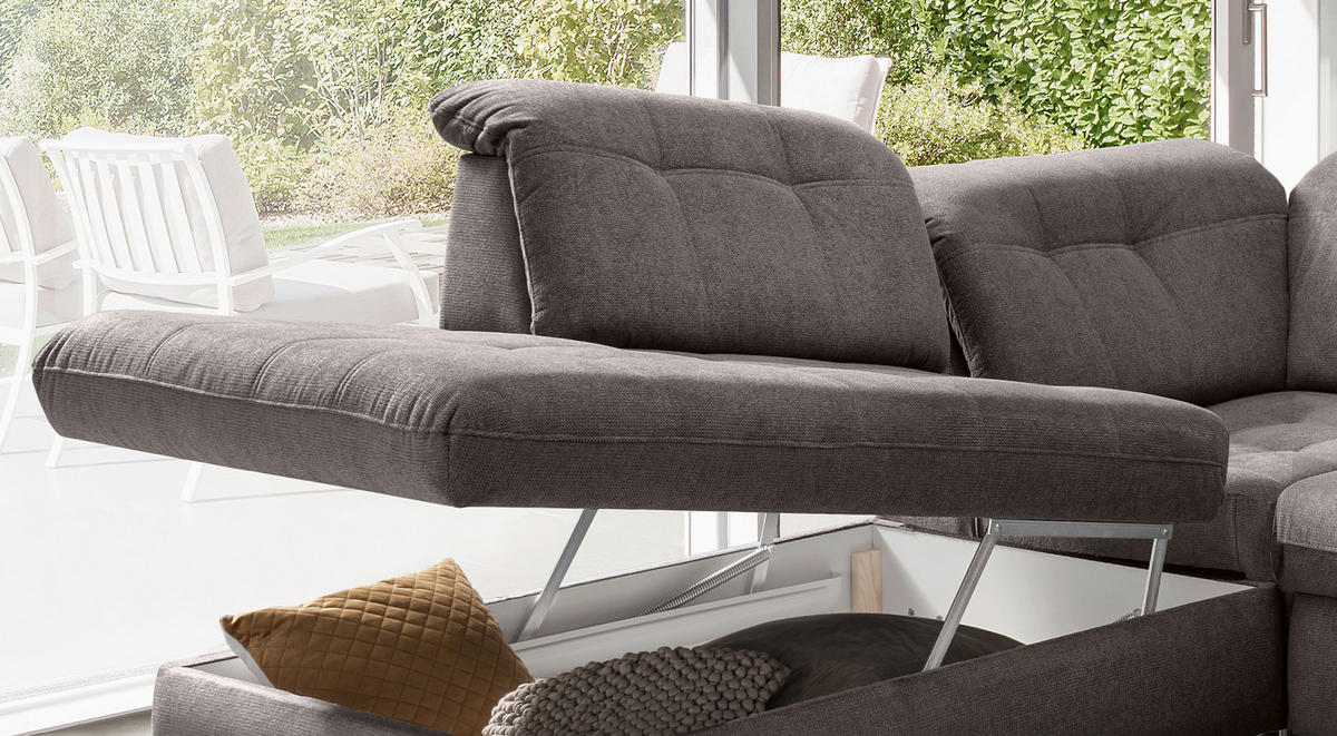 WOHNLANDSCHAFT Graubraun Chenille  - Graubraun/Schwarz, MODERN, Textil/Metall (252/387/184cm) - Livetastic