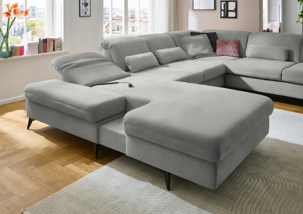 WOHNLANDSCHAFT  in Chenille Greige  - Greige/Schwarz, Design, Textil/Metall (198/364/255cm) - Beldomo Style