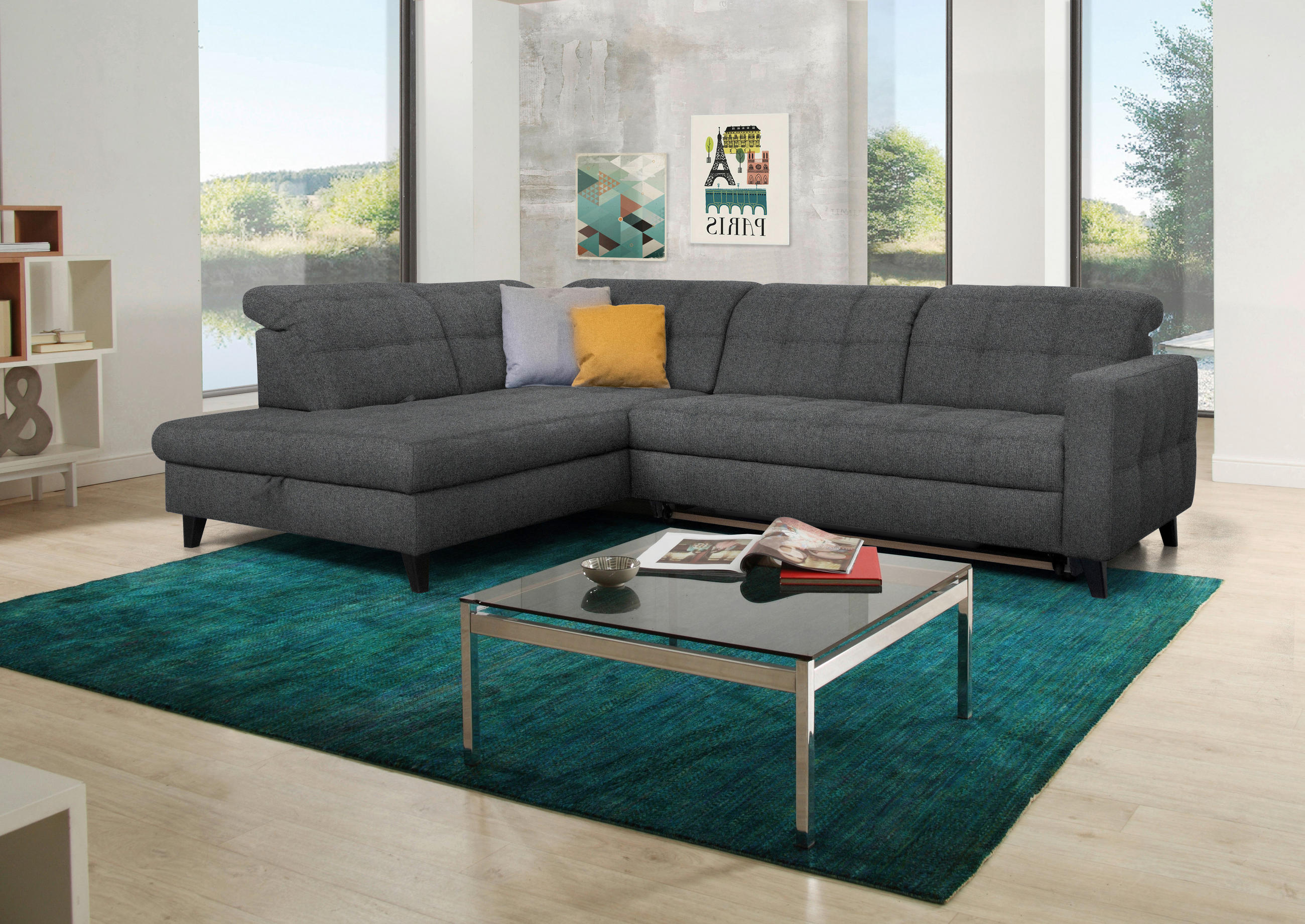 ECKSOFA in Webstoff Dunkelgrau  - Dunkelgrau/Schwarz, Design, Holz/Textil (216/297cm) - Xora