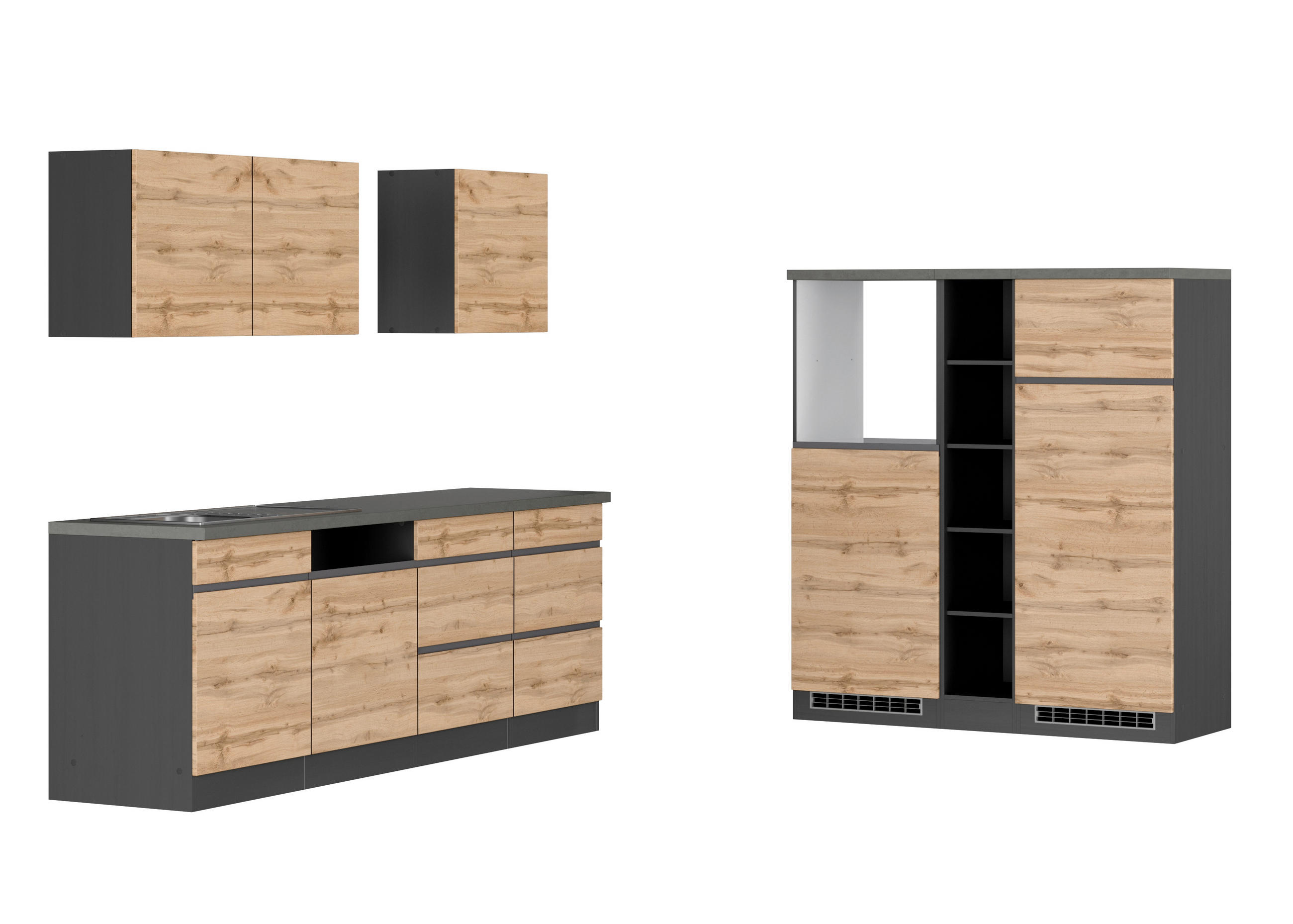 KÜCHENLEERBLOCK 390 cm   in Graphitfarben, Eiche Wotan  - Eiche Wotan/Graphitfarben, Design, Holzwerkstoff (390cm) - Held