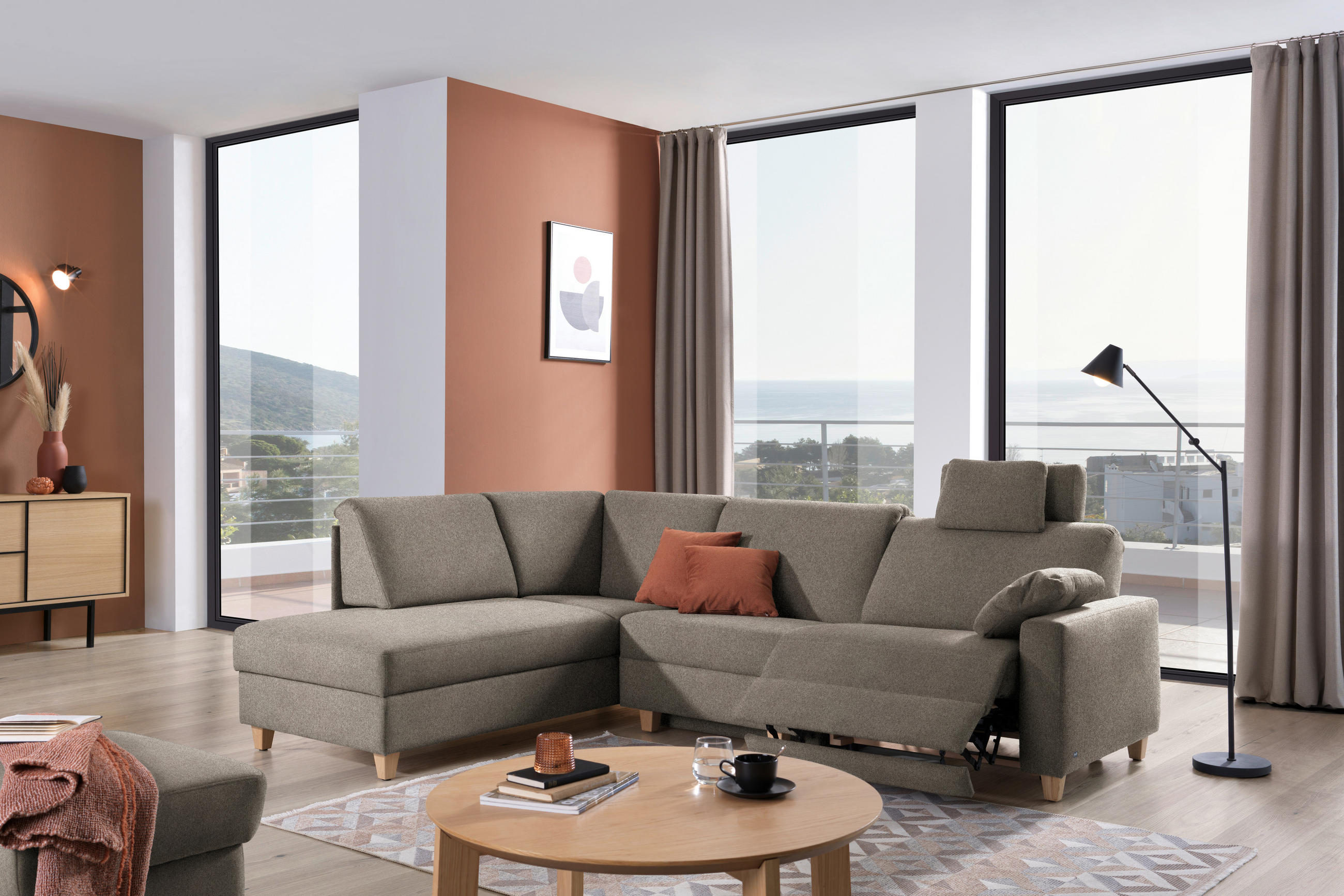 ECKSOFA in Flachgewebe Taupe  203/261 cm  - Taupe/Eichefarben, KONVENTIONELL, Holz/Textil (203/261cm) - Sedda