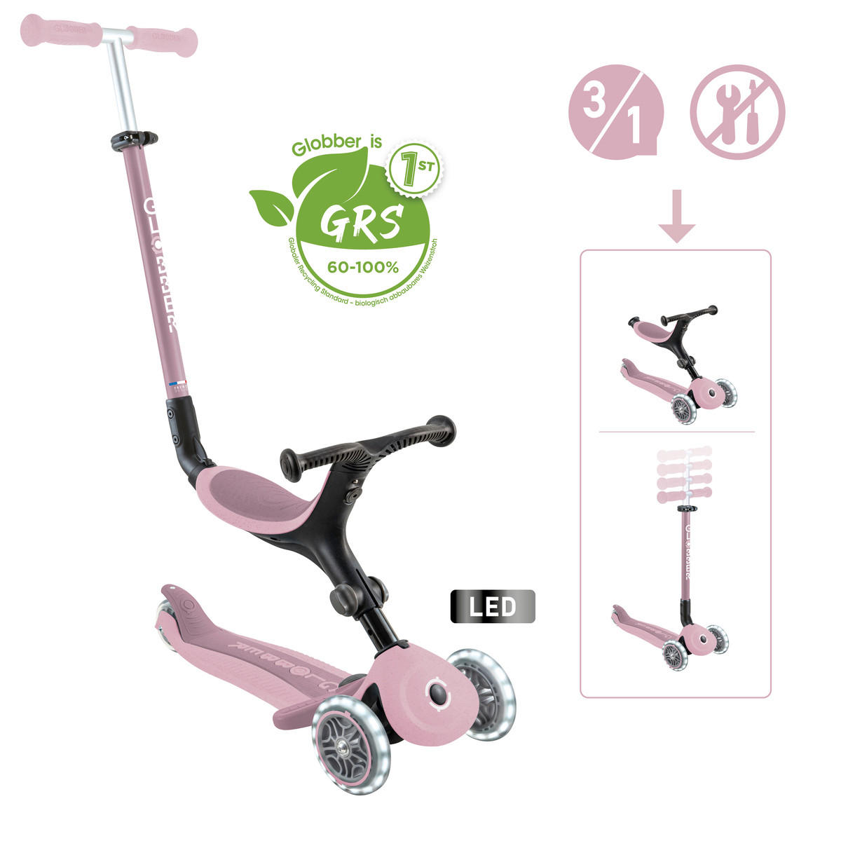 LAUFRAD GO-UP ACTIVE LIGHTS ECO 3IN1  - Pink/Beere, LIFESTYLE, Kunststoff/Metall (67/28/95,5cm) - GLOBBER
