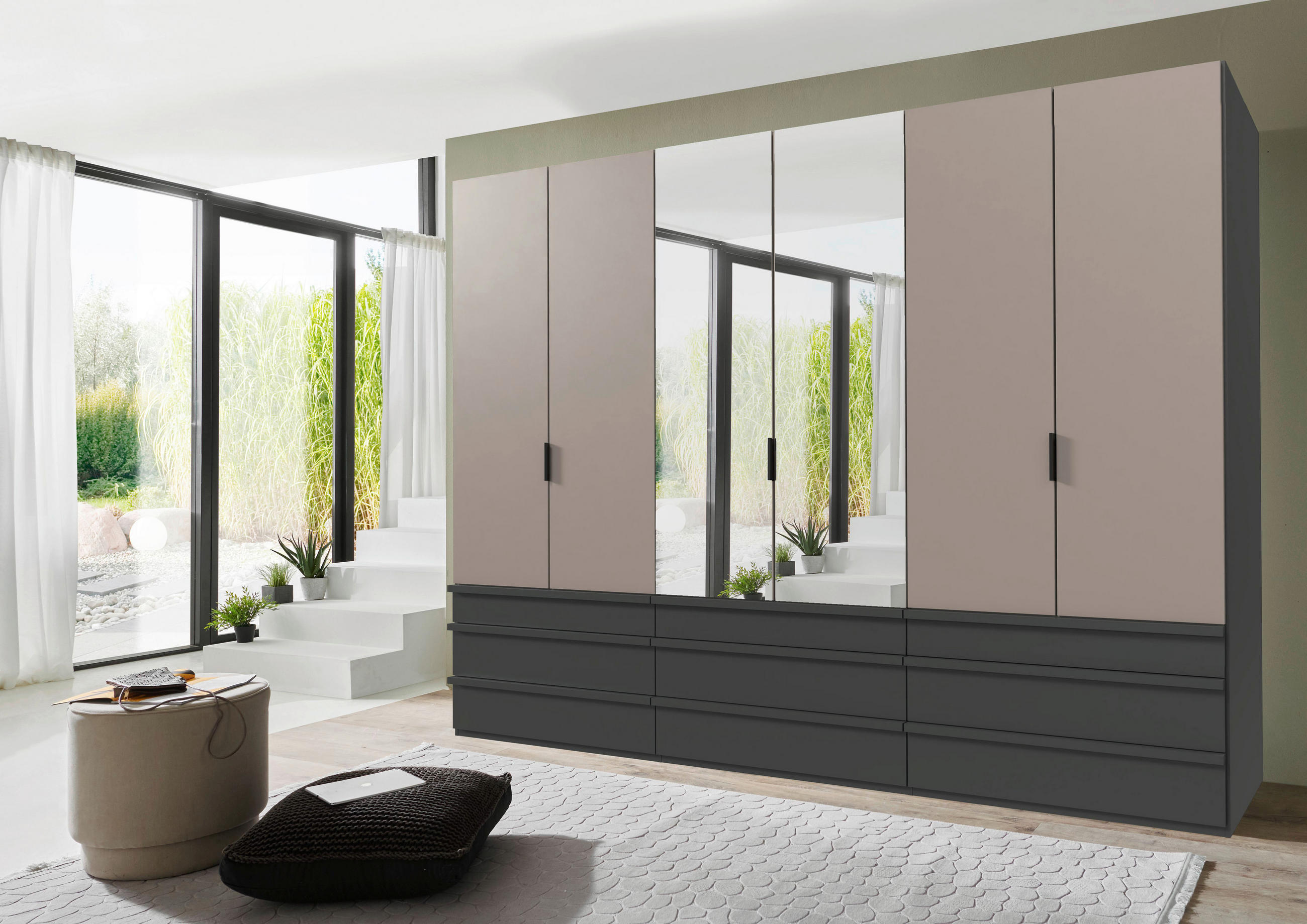 FALTTÜRENSCHRANK 300/216/58 cm 6-türig Graphitfarben, Grau, Sahara  - Schwarz/Graphitfarben, Design, Glas/Holzwerkstoff (300/216/58cm) - Boxxx