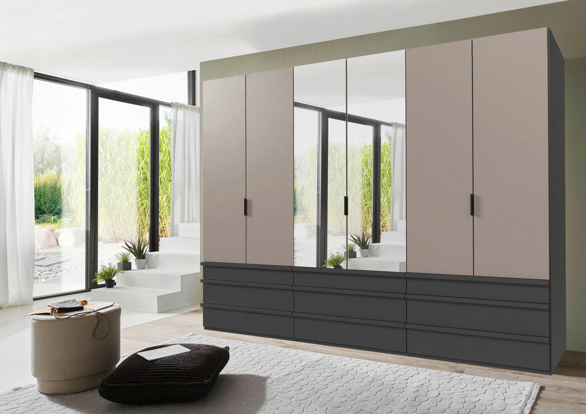 FALTTÜRENSCHRANK 300/216/58 cm 6-türig Graphitfarben, Grau, Sahara  - Schwarz/Graphitfarben, Design, Glas/Holzwerkstoff (300/216/58cm) - Boxxx