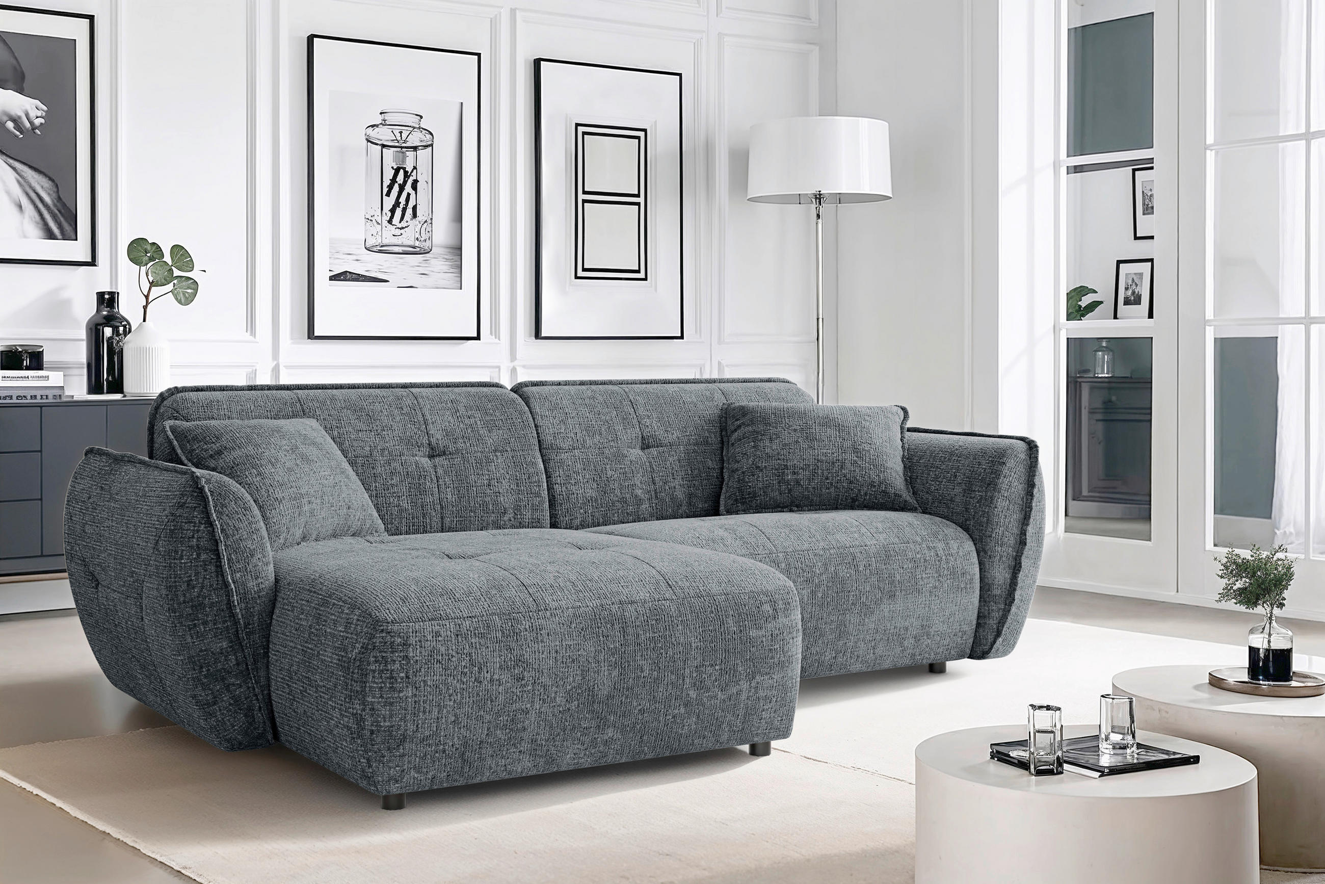 ECKSOFA Nelia Dunkelgrau Chenille  - Dunkelgrau/Schwarz, Design, Kunststoff/Textil (155/252cm) - P & B