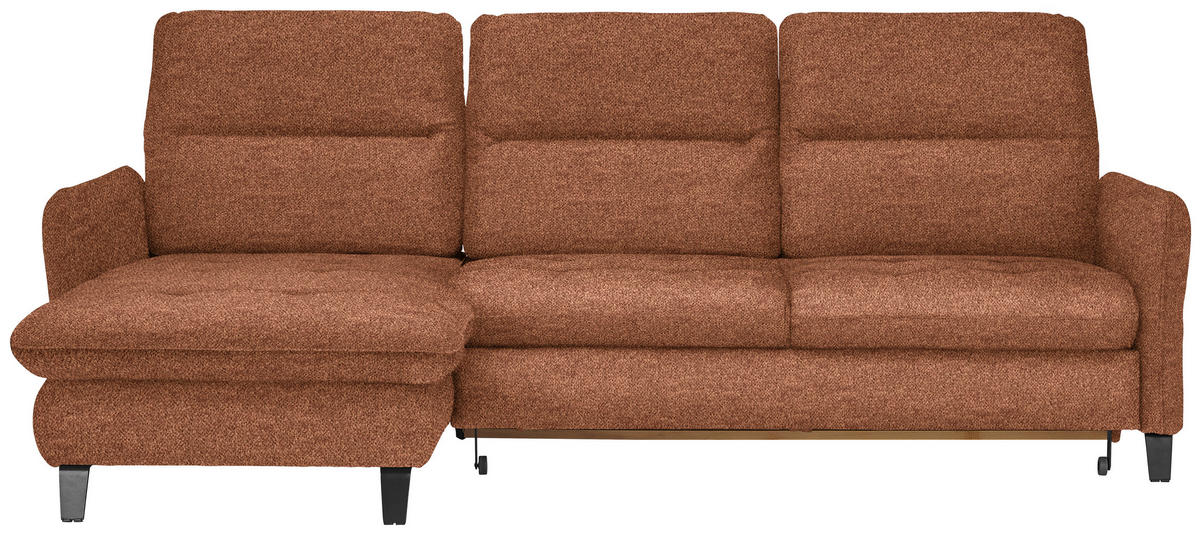 ECKSOFA Cognac Plüsch Bettkasten, Schlaffunktion, Rücken echt, Kopfteilverstellung, Sitztiefenverstellung  - Cognac/Schwarz, KONVENTIONELL, Textil/Metall (190/254cm) - Livetastic