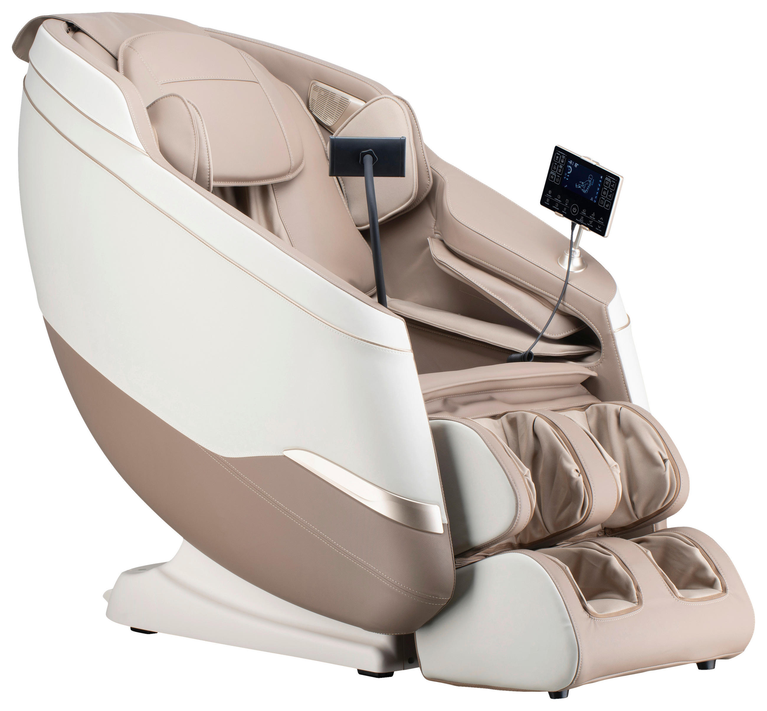 MASSAGESESSEL M Series  mit Lederlook Weiß, Hellbraun Relaxfunktion, Liegefunktion, Netzbetrieb, Massagefunktion, ausziehbare Fußstütze, automatische Rückholfunktion, Bluetooth-Lautsprecher, inklusive Armlehnen, Nackenkissen abnehmbar Rückenkissen, Nackenstütze, Sitzkissen, Relaxfunktion, Fußteilverstellung, Nackenkissen  - Hellbraun/Schwarz, KONVENTIONELL, Kunststoff/Textil (75,5/113/147,3cm) - Novel