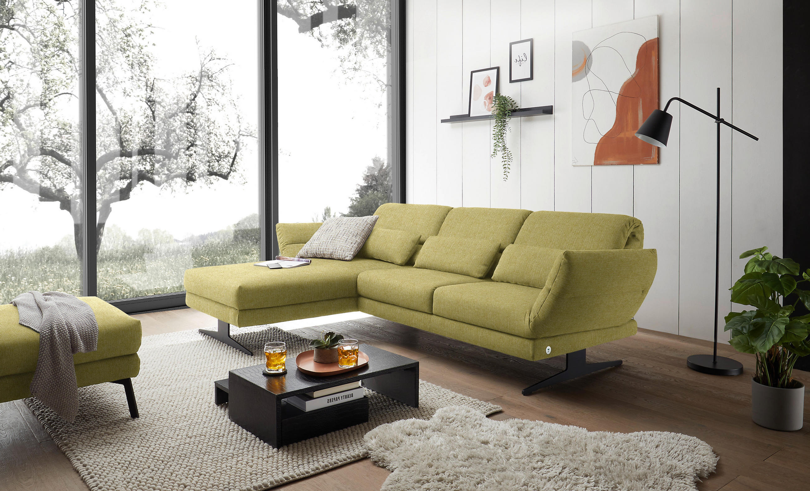 ECKSOFA in Flachgewebe Hellgrün  - Schwarz/Hellgrün, Design, Textil/Metall (176-217/279-327cm) - Dieter Knoll