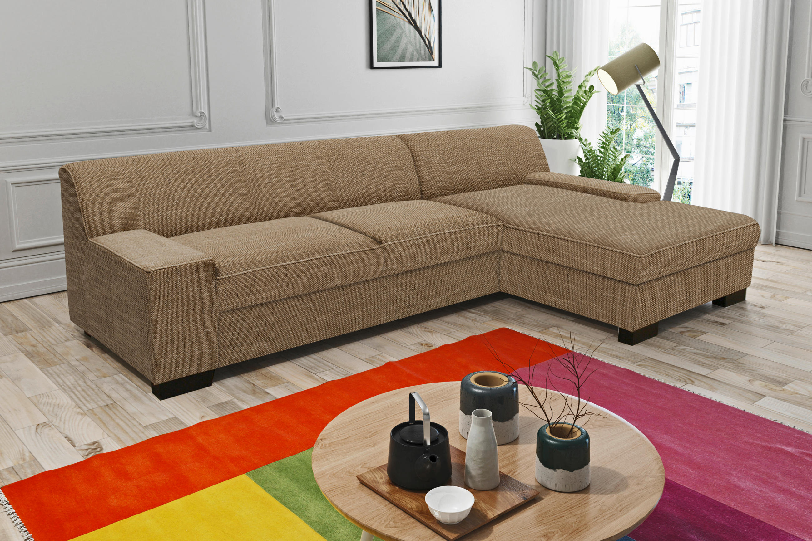 Thumbnail - Mid.you Ecksofa, Braun, Beige, Textil, Struktur, 3-Sitzer, L-Form, 268x153 cm, Made in EU, FSC Mix, Schlafen auf Sitzhöh...