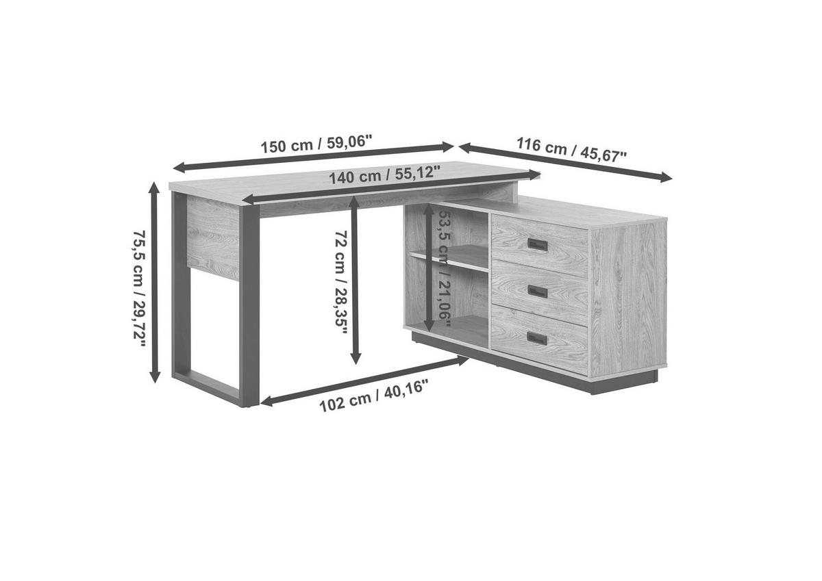 ECKSCHREIBTISCH  Schwarz, Walnussfarben Kabeldurchlass, Stauraum, seitenverkehrt montierbar, in verschiedenen Holzarten erhältlich  - Walnussfarben/Schwarz, KONVENTIONELL, Holzwerkstoff/Metall (150/75,5/116cm) - MID.YOU