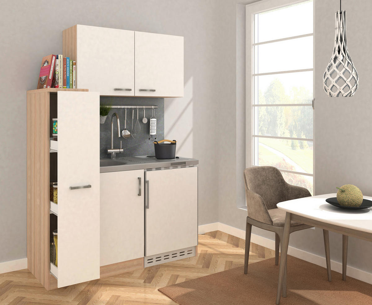 MINIKÜCHE 130 cm   in Eichefarben, Weiß  - Edelstahlfarben/Eichefarben, MODERN, Holzwerkstoff/Metall (130cm) - Respekta