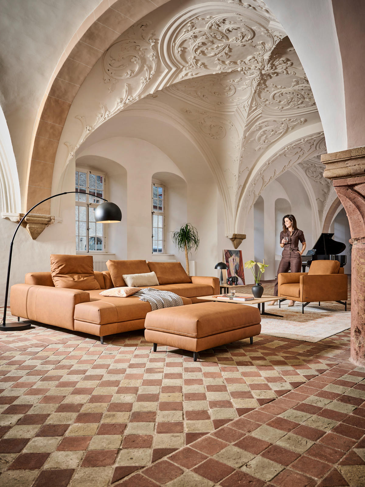 ECKSOFA in Echtleder Hellbraun  - Hellbraun/Anthrazit, Design, Leder/Metall (225/355cm) - Johann Jakob