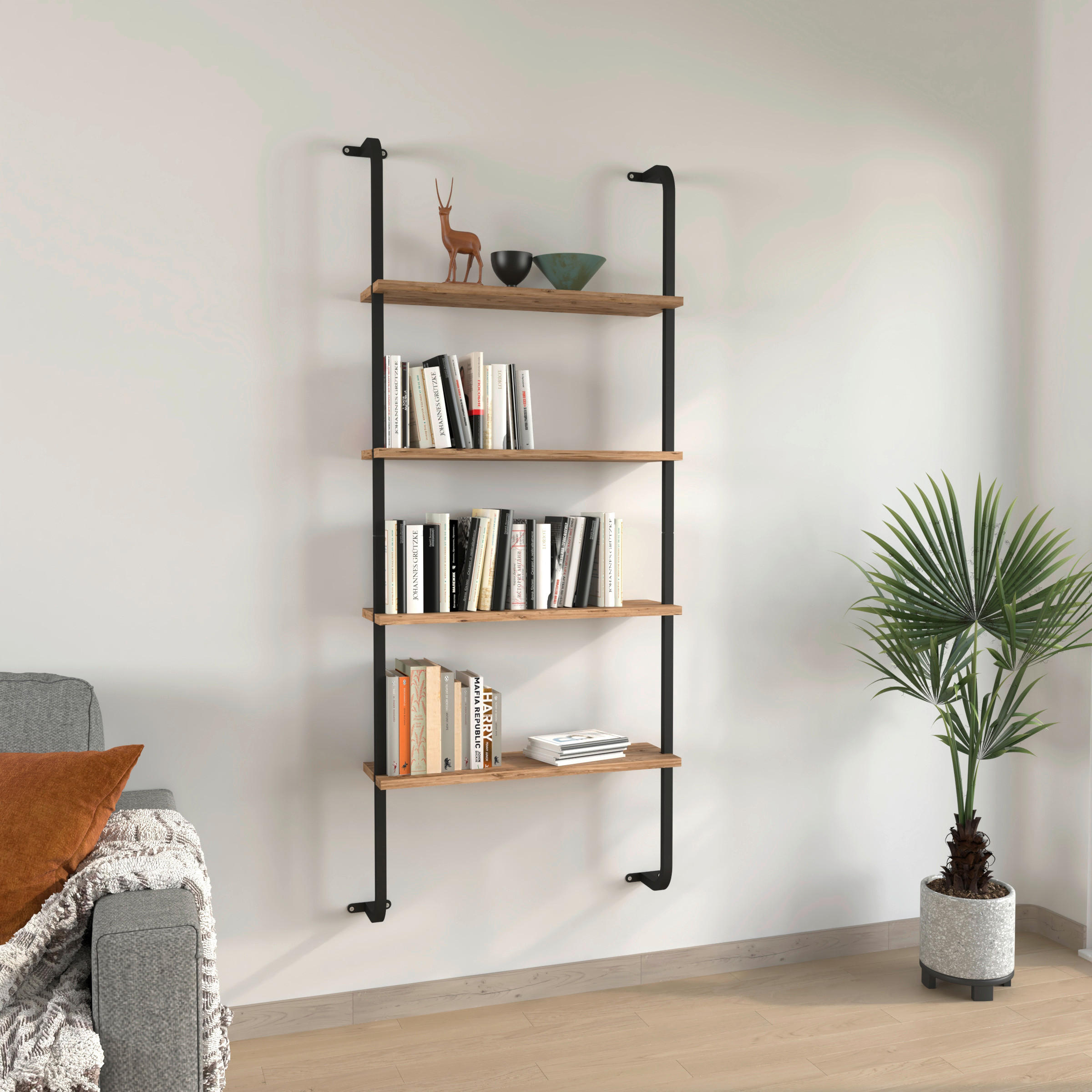 WANDREGAL Schwarz, Honigeiche  - Honigeiche/Schwarz, Design, Holzwerkstoff/Metall (64/150/20cm) - MID.YOU