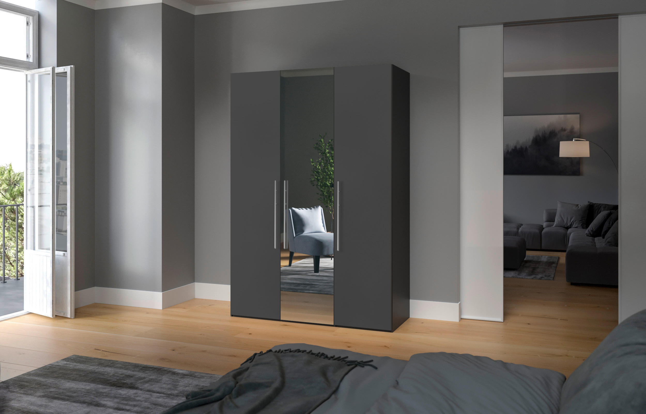 DREHTÜRENSCHRANK 152/195/59 cm 3-türig Anthrazit, Schwarz - Edelstahlfarben/Anthrazit, Design, Glas/Holzwerkstoff (152/195/59cm) - Boxxx