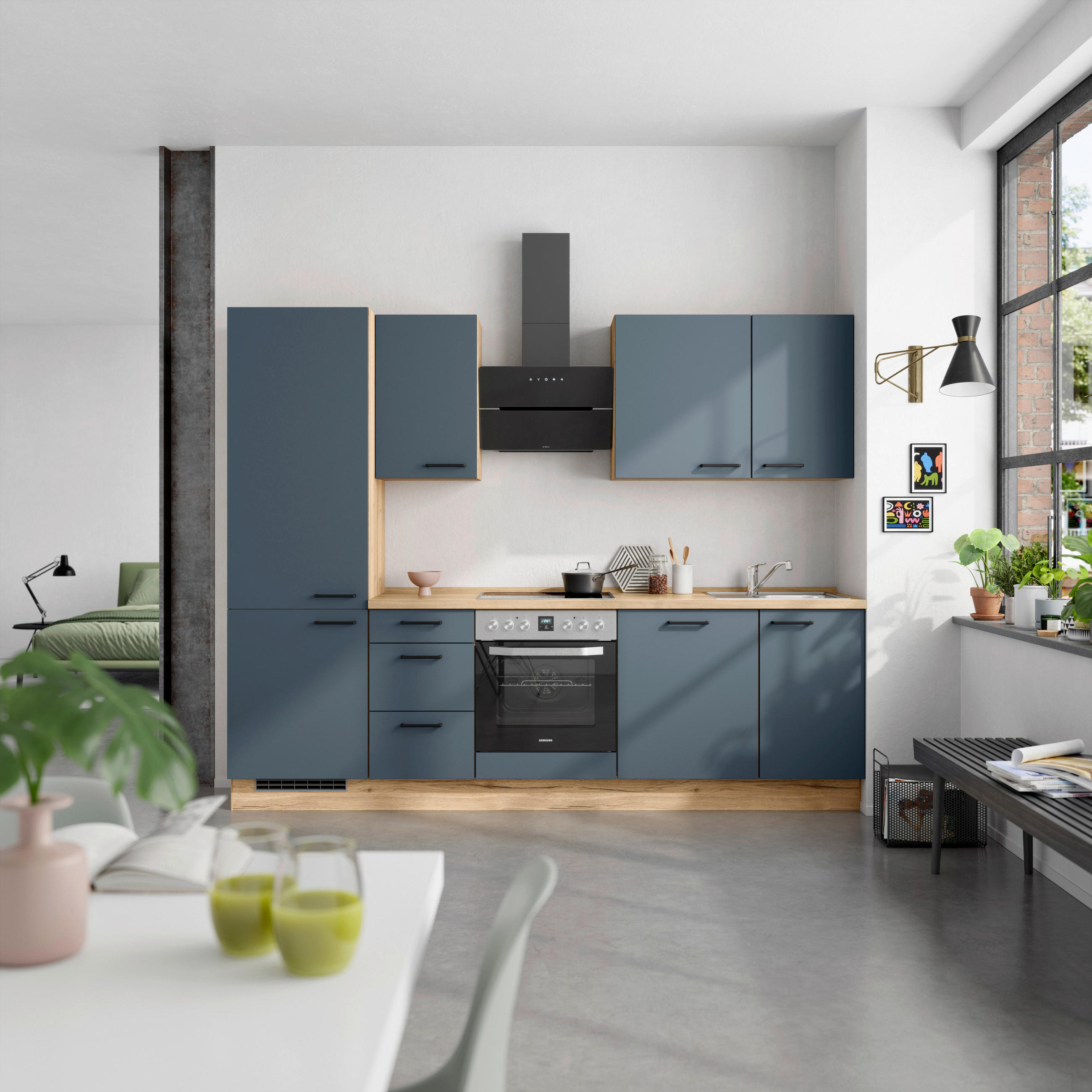 KÜCHENBLOCK 270 cm   in Eichefarben, Dunkelblau  - Eichefarben/Schwarz, MODERN, Holzwerkstoff/Metall (270cm) - Nobilia