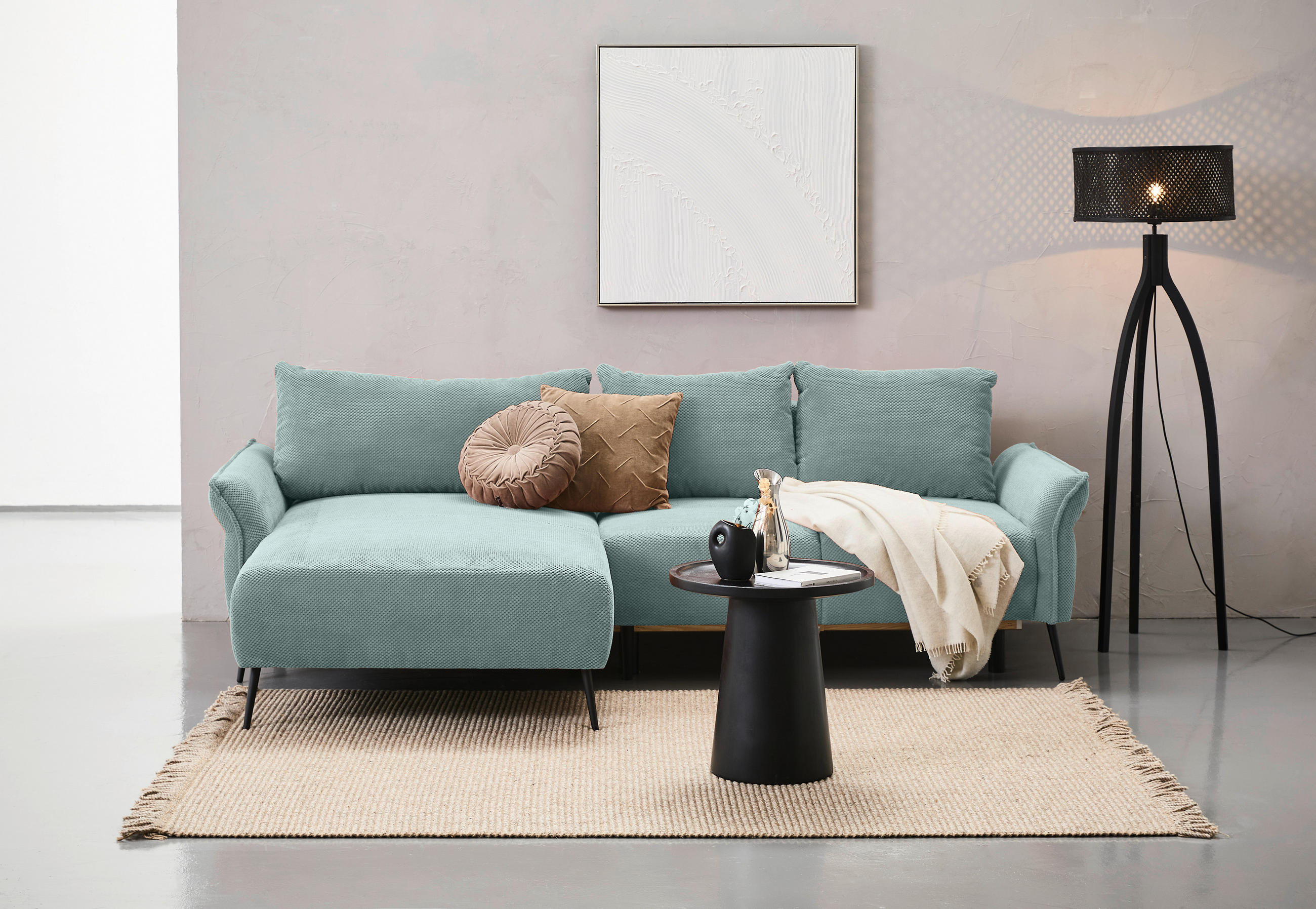 ECKSOFA in Chenille Mintgrün  - Schwarz/Mintgrün, Konventionell, Textil/Metall (164/255cm) - Carryhome