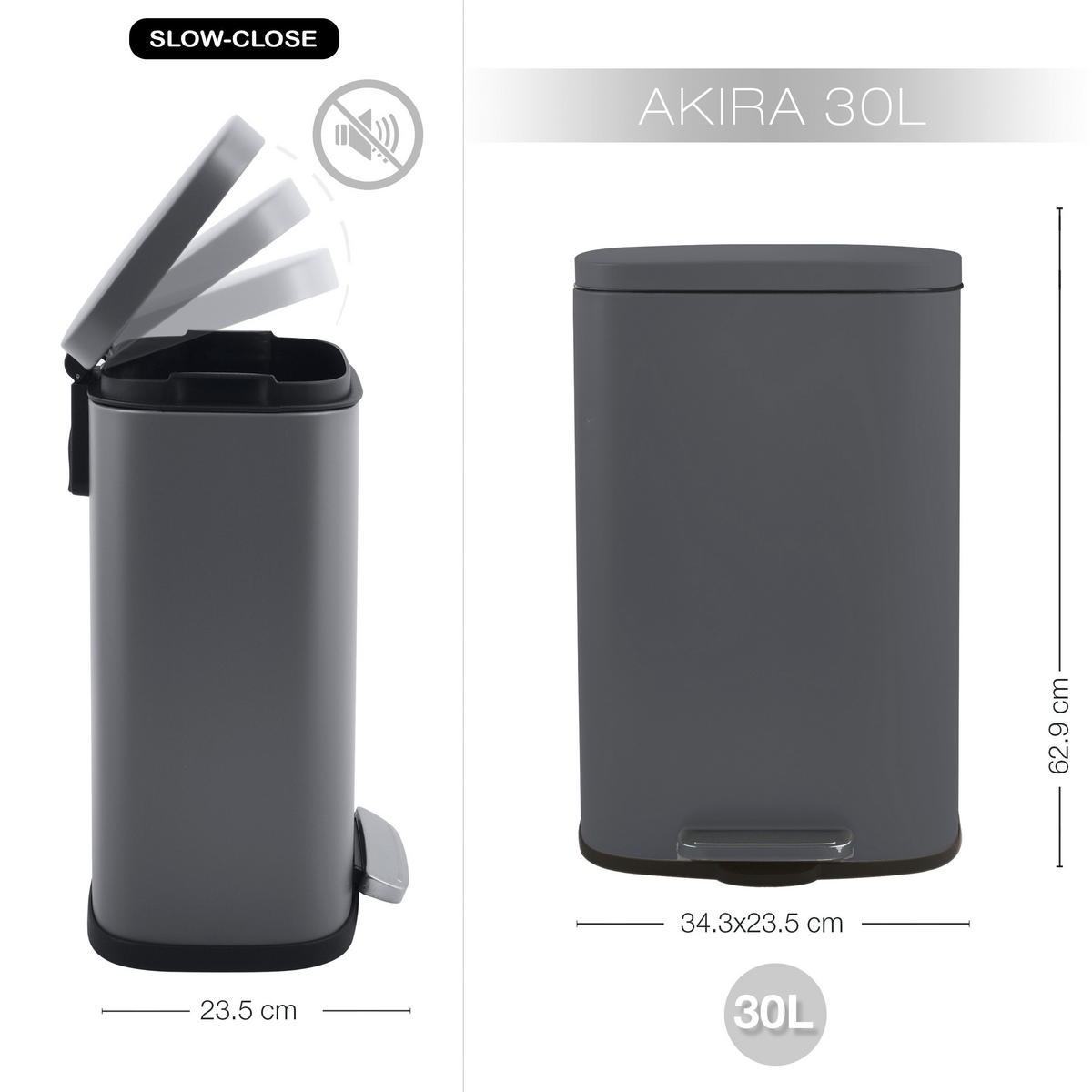 TRETEIMER 30 L  - Dunkelgrau/Schwarz, Basics, Kunststoff/Metall (34,3/23,5/62,9cm) - Spirella