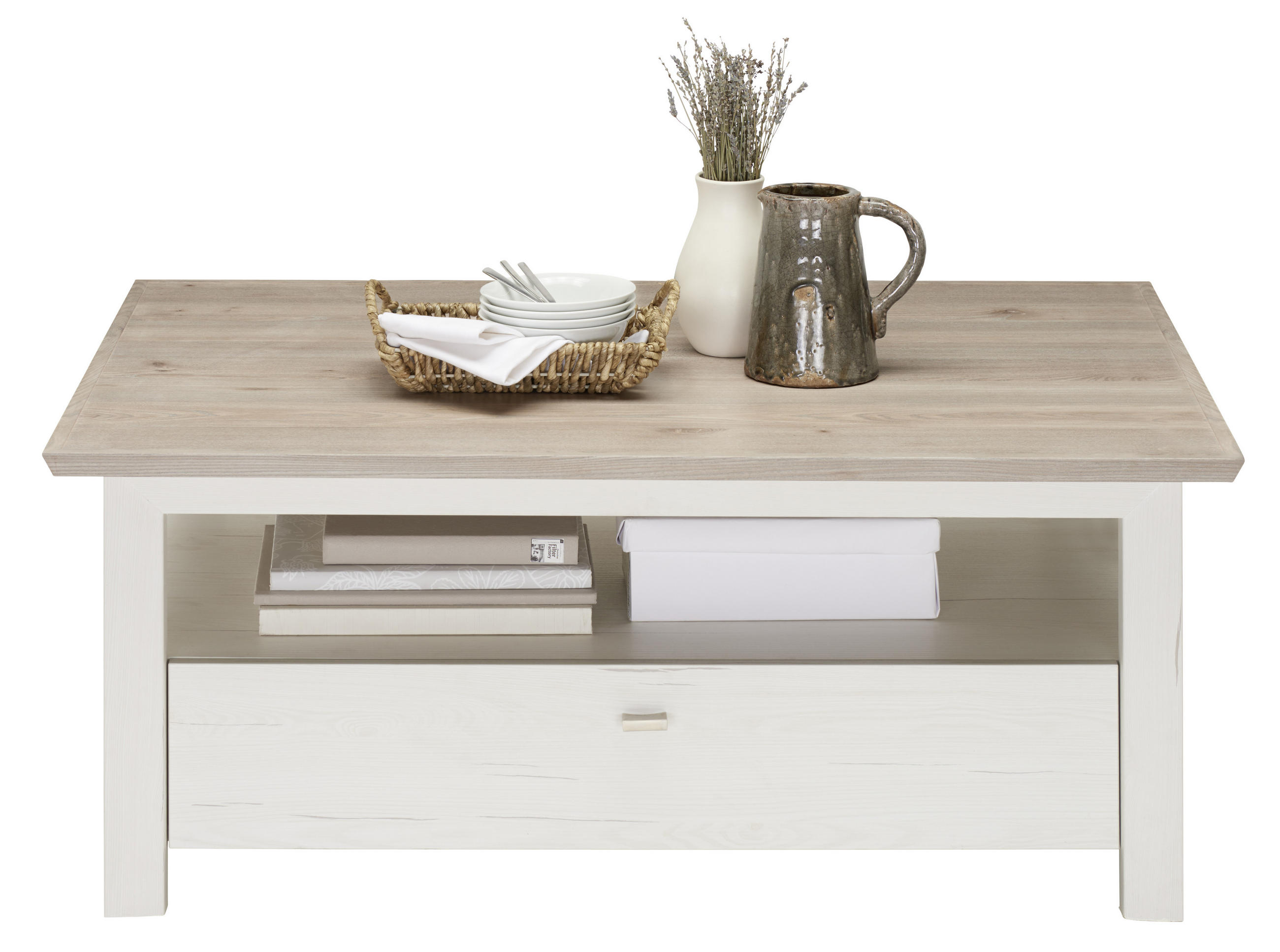 Thumbnail - Hom`in Couchtisch, Grau, Weiß, Holzwerkstoff, 2 Schubladen, rechteckig, eckig, 80x45x110 cm, Stauraum, offenes Fach, Woh...