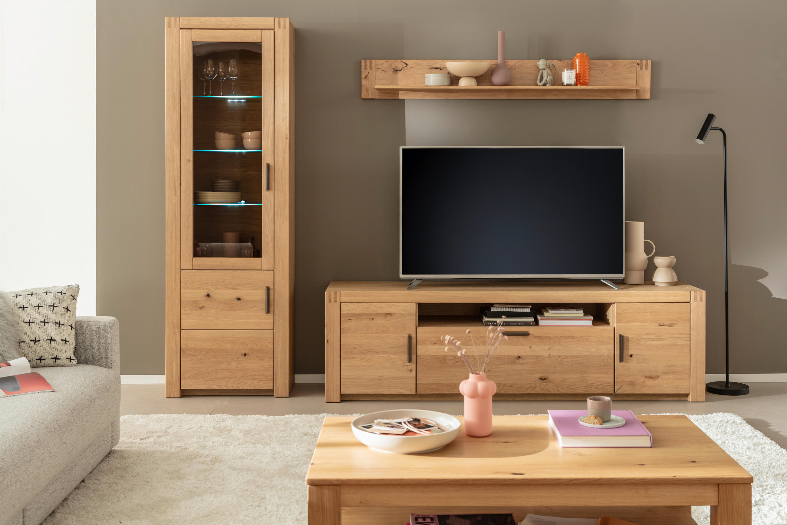 WOHNWAND 3-teilig  in Eichefarben  283/203/50 cm  - Eichefarben/Anthrazit, Design, Glas/Holz (283/203/50cm) - Livetastic