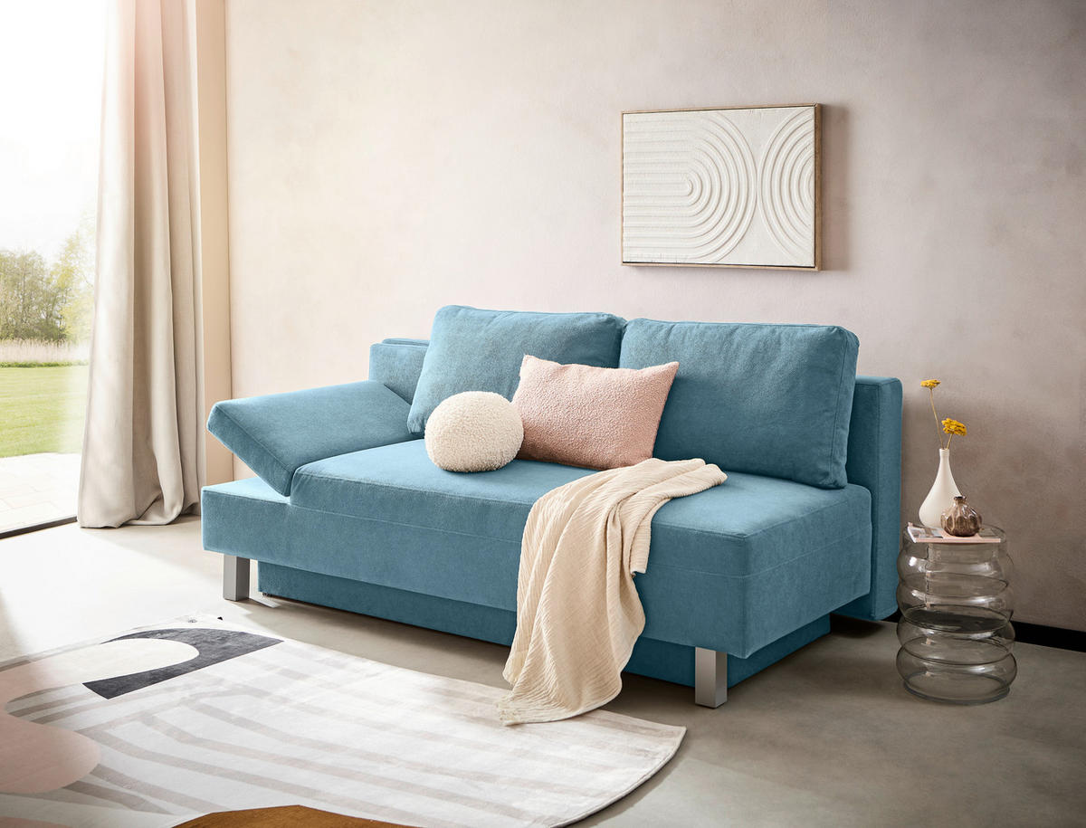 SCHLAFSOFA  mit Stoffauswahl, Schlafen auf Sitzhöhe, Armteil links Flachgewebe Blau  - Chromfarben/Blau, Design, Holz/Textil (205/77-93/99cm) - Novel