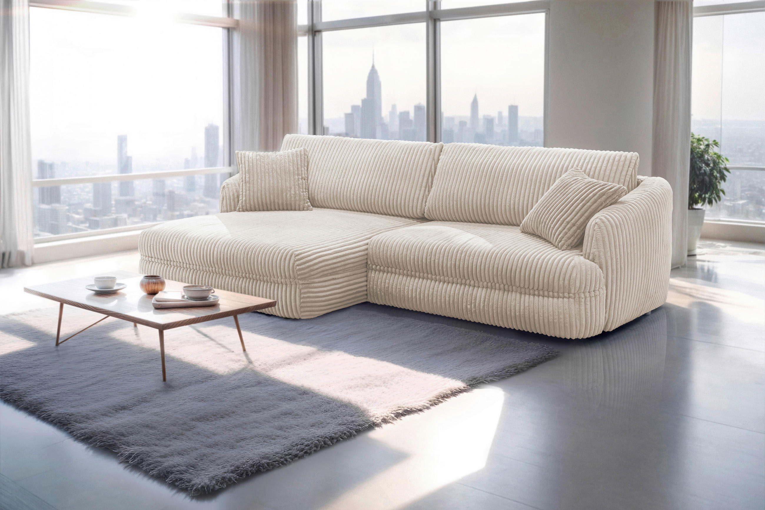 ECKSOFA Creme Cord  - Creme/Schwarz, Design, Kunststoff/Textil (161/284cm) - Livetastic