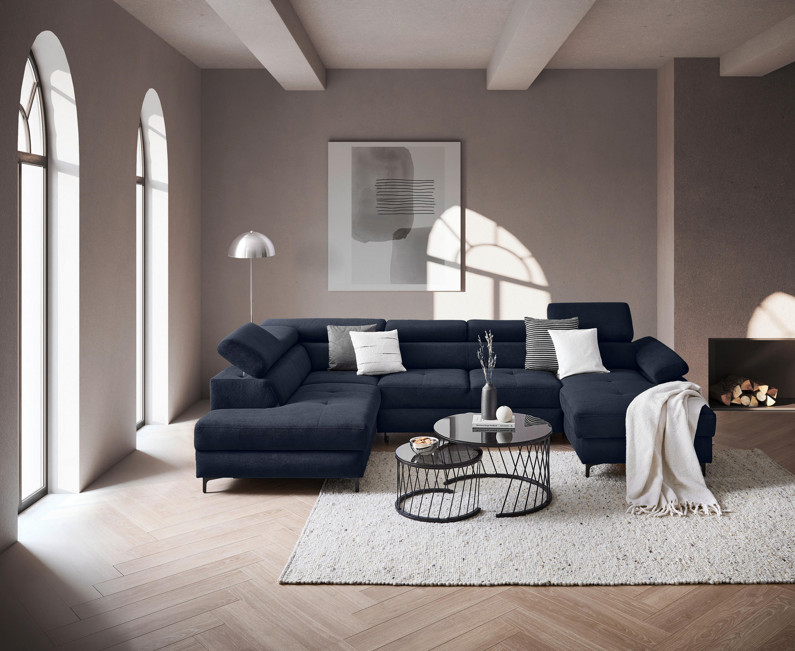 WOHNLANDSCHAFT in Flachgewebe Dunkelblau  - Schwarz/Dunkelblau, Modern, Textil/Metall (206/333/180cm) - Stylife