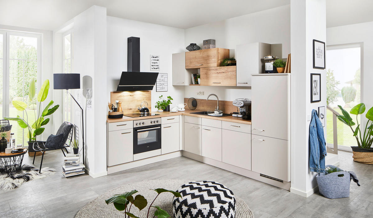 ECKKÜCHE 215/285 cm  in Eichefarben, Sandfarben  - Sandfarben/Edelstahlfarben, Design, Holzwerkstoff/Metall (215/285cm) - Celina