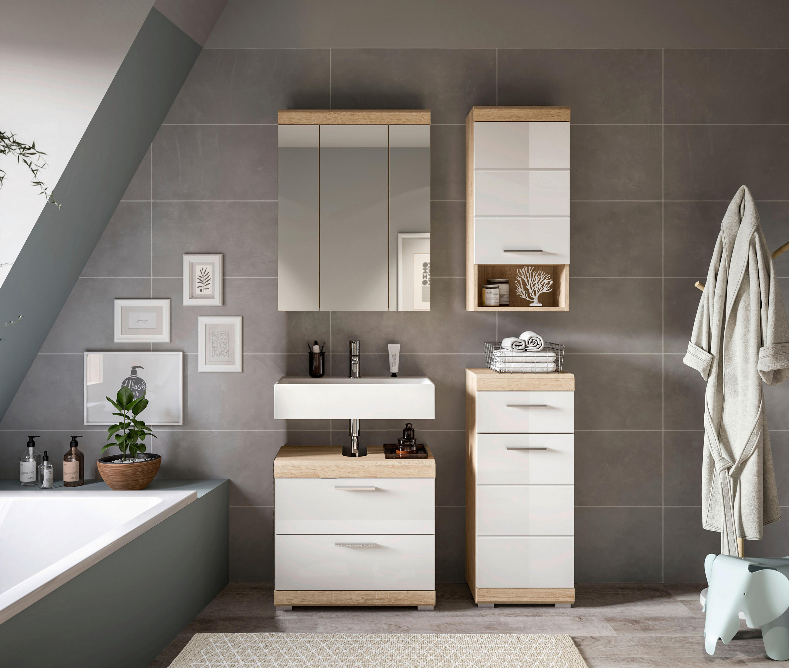 BADEZIMMER 4-teilig  in 97 cm  - Weiss Hochglanz/Silberfarben, Modern, Glas/Holzwerkstoff (97cm) - MID.YOU