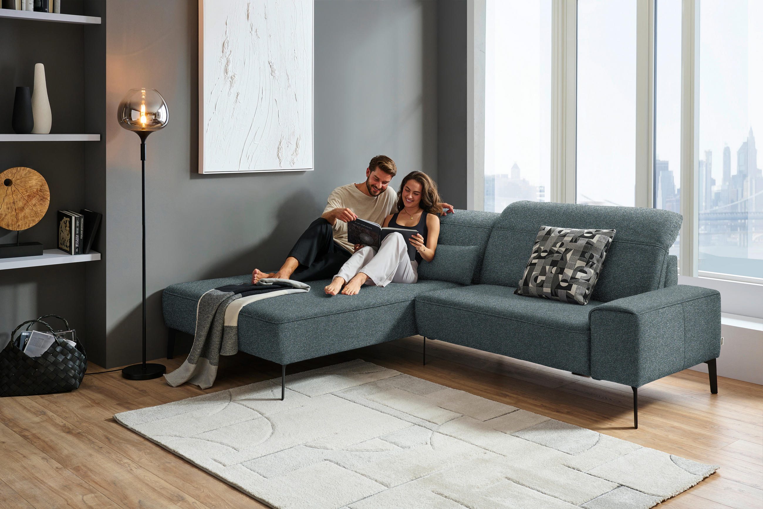 ECKSOFA in Mikrofaser Blaugrau  203/266 cm  - Blaugrau/Schwarz, Design, Textil/Metall (203/266cm) - Johann Jakob