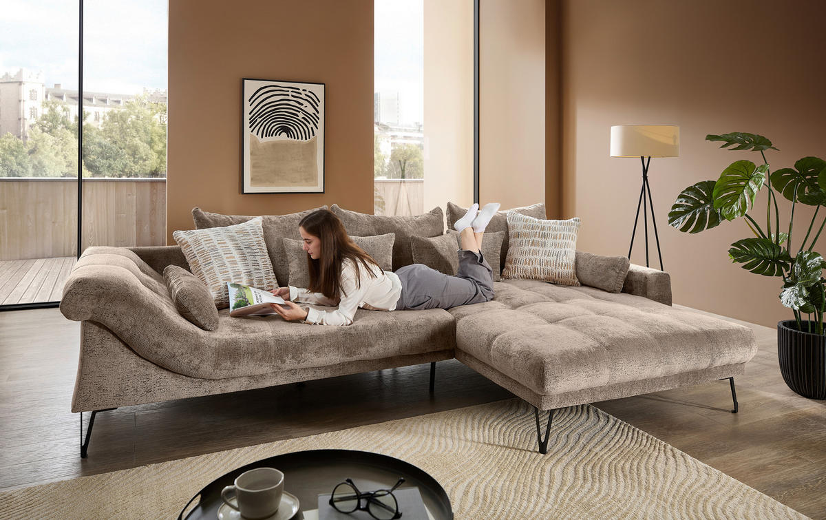 ECKSOFA GARDA Braun Chenille Zierkissen, Rückenkissen, Nierenkissen, Rücken echt  - Schwarz/Braun, KONVENTIONELL, Textil/Metall (310/192cm) - Livetastic