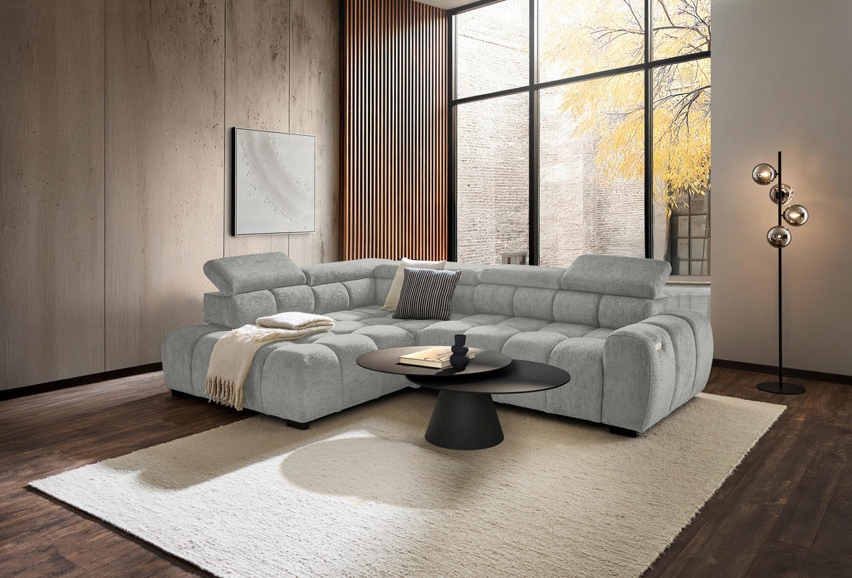 ECKSOFA inkl. Funktionen Hellgrau Webstoff  - Hellgrau/Schwarz, MODERN, Kunststoff/Textil (205/297cm) - Welnova