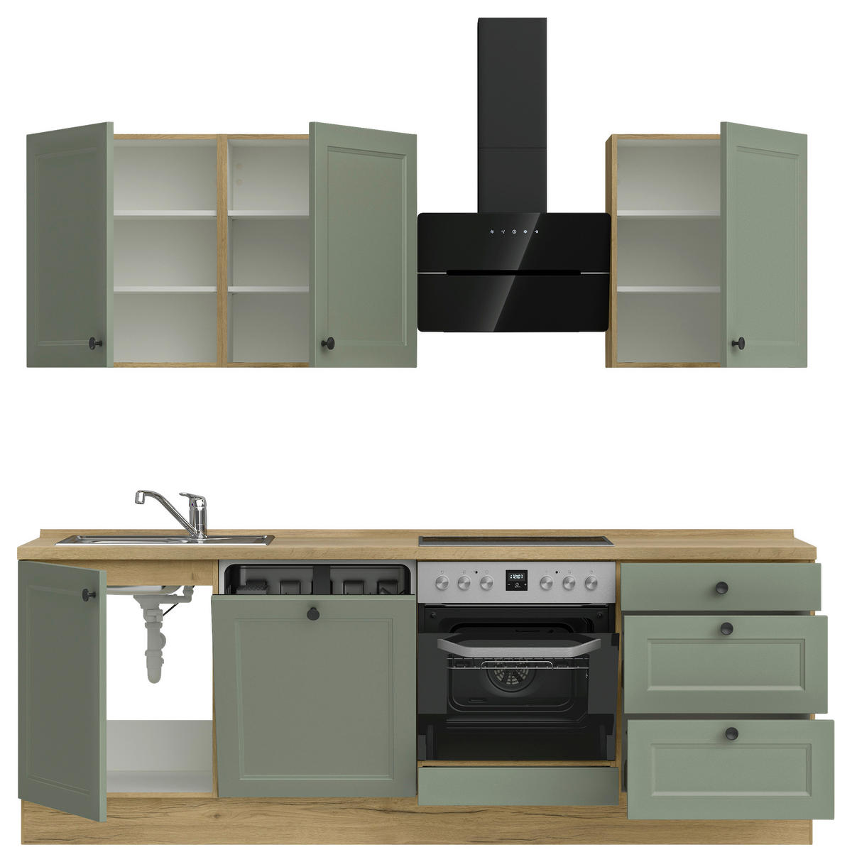 KÜCHENBLOCK 240 cm   in Eichefarben, Schilfgrün  - Schilfgrün/Eichefarben, MODERN, Holzwerkstoff/Metall (240cm) - Nobilia