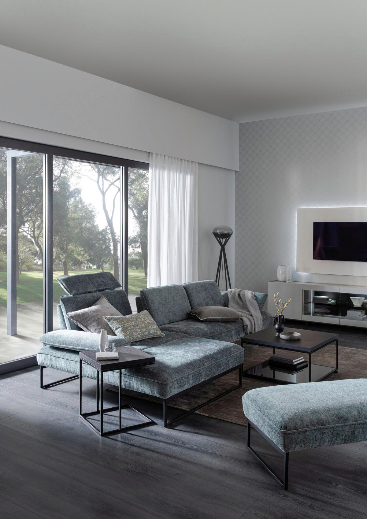 ECKSOFA in Chenille Graublau  - Graublau/Anthrazit, Design, Textil/Metall (160/310cm) - Joop!