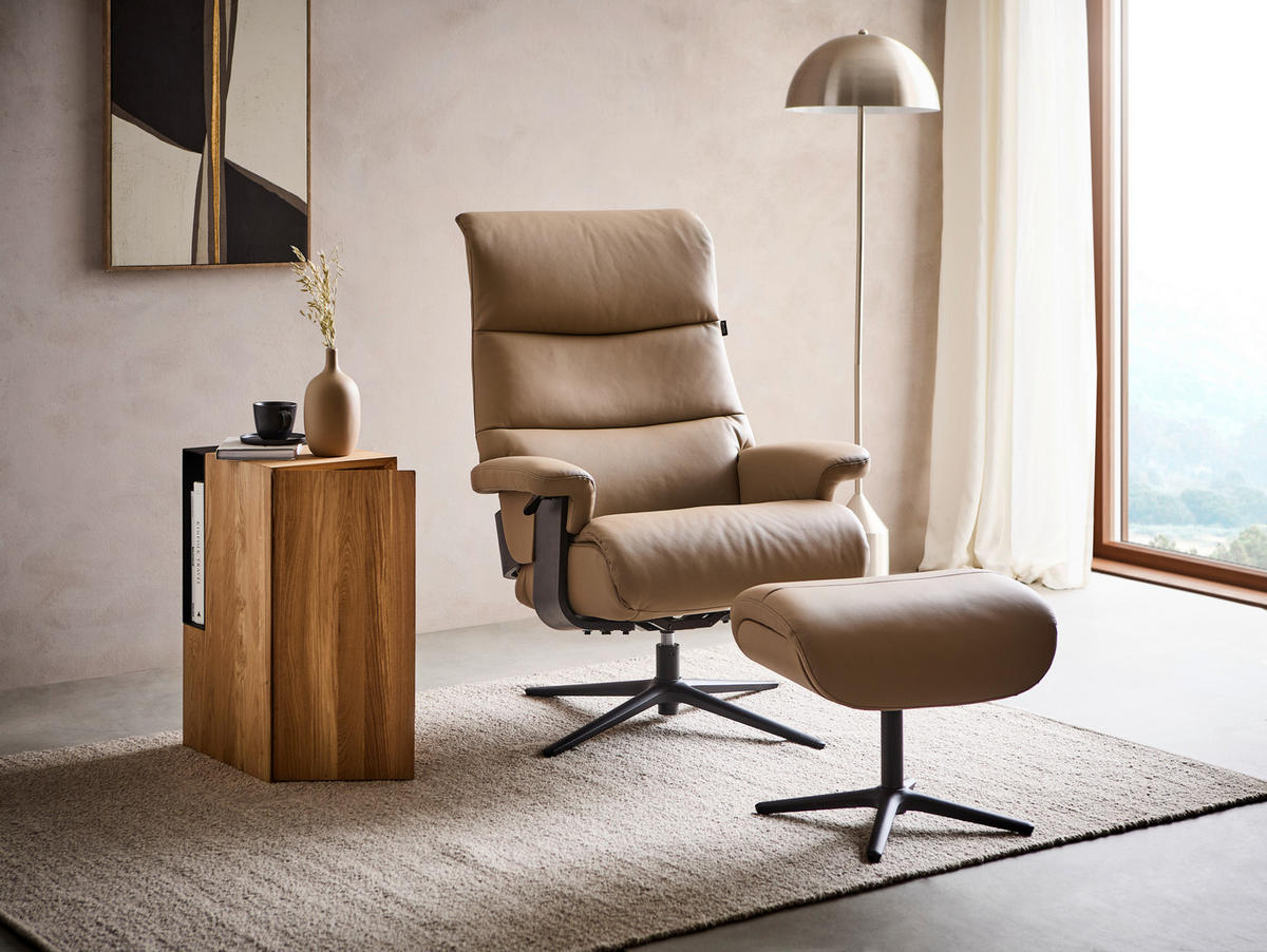 RELAXSESSELSET Lederlook Kombination Echtleder/Lederlook Relaxfunktion, Hocker    - Taupe/Schwarz, Design, Leder/Textil (78/111/81cm) - Xora