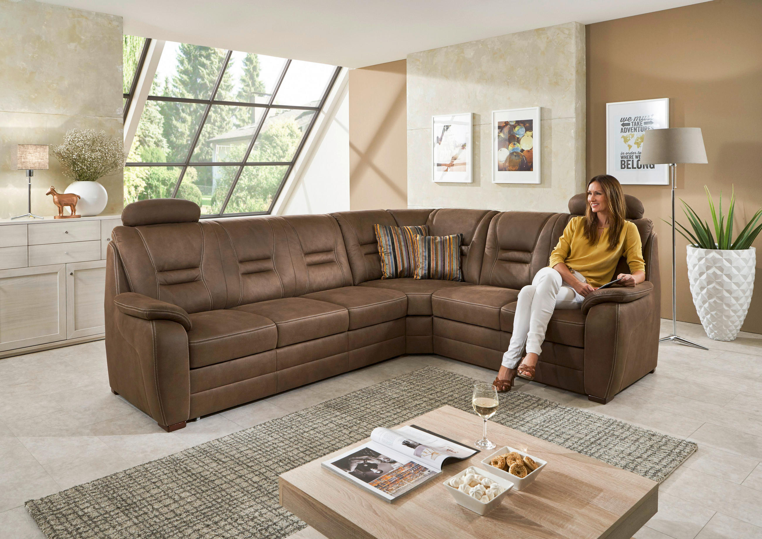 Thumbnail - Beldomo Comfort Ecksofa, Dunkelbraun, Textil, Uni, 5-6-Sitzer, Ottomane links, L-Form, 286x234 cm, Goldenes M, Typenausw...