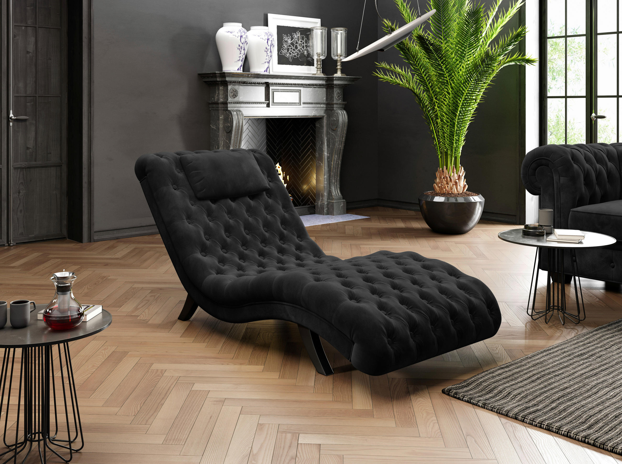 RELAXLIEGE in Samt Schwarz  - Schwarz, Trend, Holz/Textil (73/75/163cm) - Ambia Home