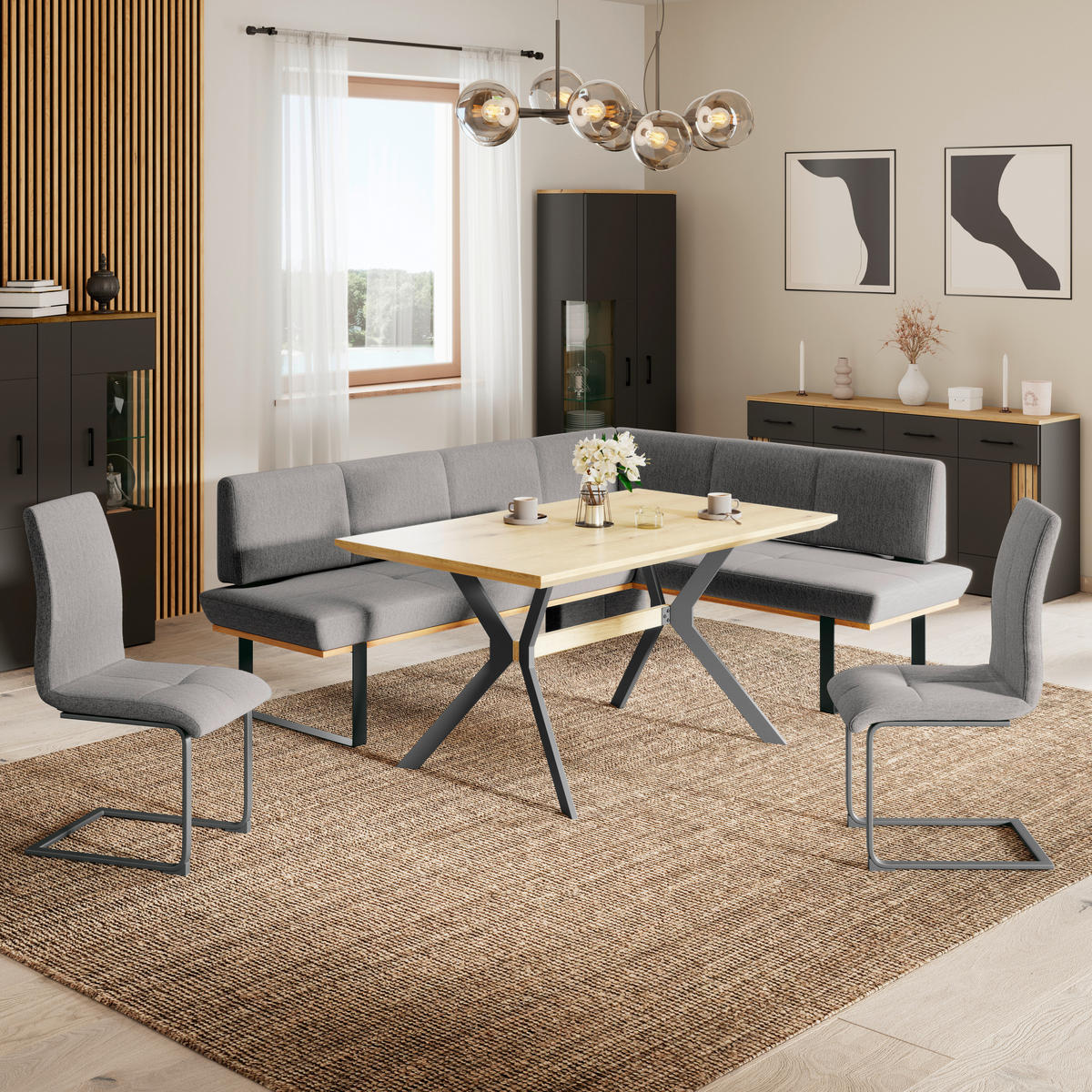ECKBANK 225/175 cm Webstoff Grau Eiche vollmassiv   - Schwarz/Grau, MODERN, Holz/Textil (225/175cm) - Livetastic
